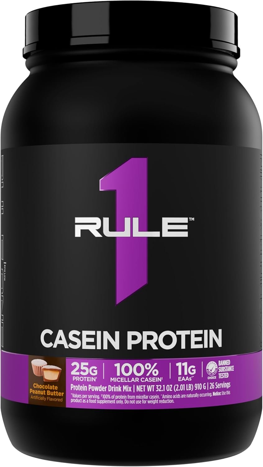 Rule 1 Proteins Casein Protein, Chocolate Peanut Butter, 2 Pounds | 25g Protein and 11g EAAs Per Serving from Slow-Release Micellar Casein for Overnight Recovery and Sustained Delivery