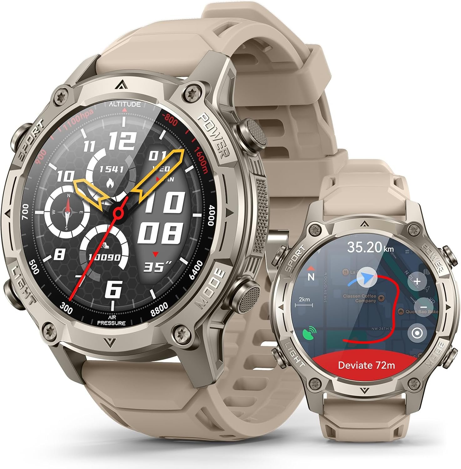 Men’s Outdoor Smartwatch, Standalone GPS & Offline Maps, 5ATM Waterproof, 1.43″ AMOLED, 4GB Memory, 178 Sports Modes, Compass, Heart Rate/SpO2/Stress/Sleep Monitor, Compatible Android and iOS Khaki