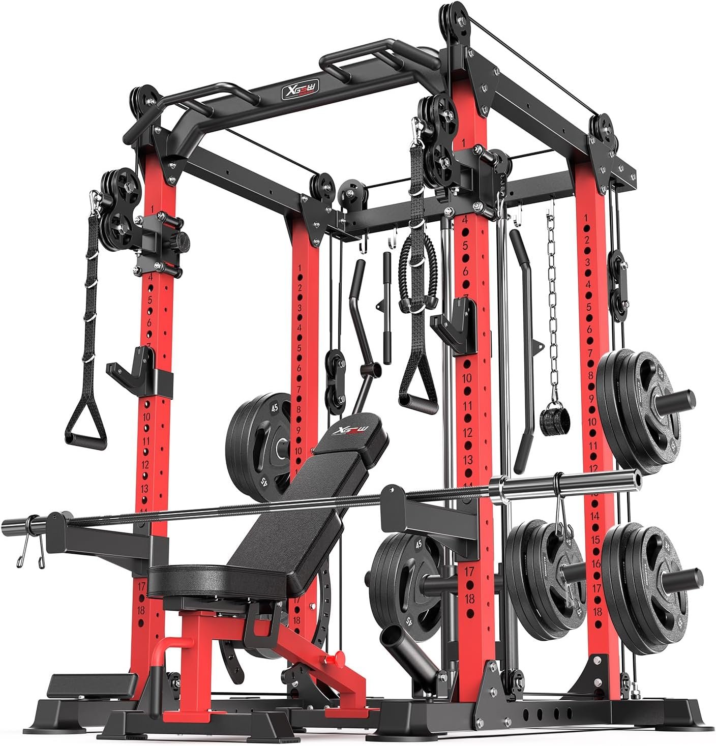 Power Cage Multi-Function Power Rack with Cable Crossover System,1500 LBS Capacity Squat Rack with Weight Bench,for Home Gym