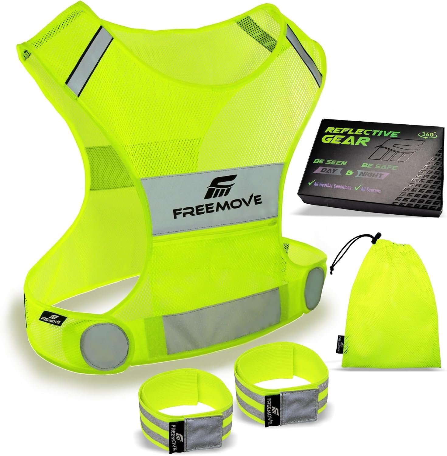 FREEMOVE Reflective Vest – Running Gear + 2 Bands & Bag/Ultralight & Comfy Safety Vests for Running, Walking, Cycling