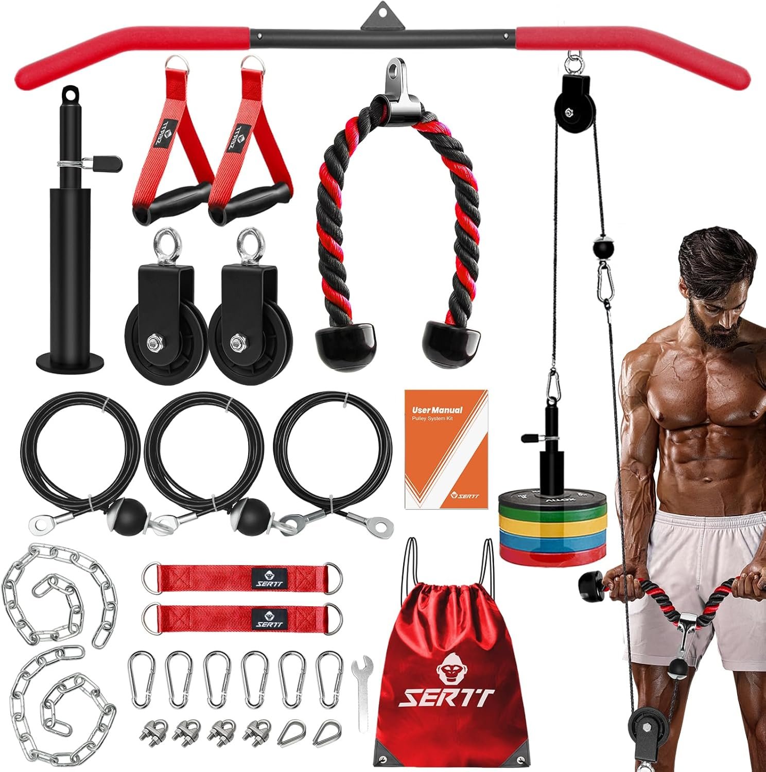 SERTT Home Gym Pulley System – Tricep Workout, Lat Pulldown, Biceps Curl, Triceps, Shoulders, Back, Forearm, Weight Cable for Squat Rack, Garage