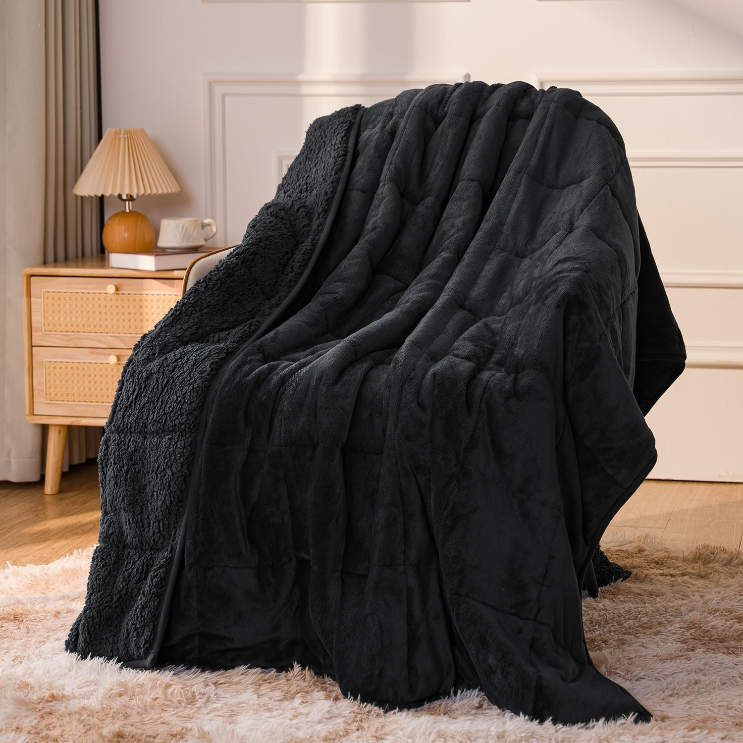 Sivio Weighted Blanket for Adult, 20 lbs Sherpa Heavy Throw with Fleece Reversible, Queen Size, Weighted Blanket for Men and Women Deep Sleeping, 80 x 87 Inches Dual Sided Black