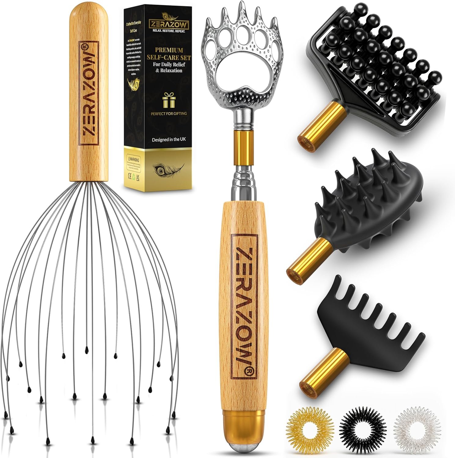 ZERAZOW® Telescoping Back Scratcher 9 Pcs Set, Backscratcher Gifts for Men & Women with 4 Detachable Heads, Head & Scalp Massager, Back Massage Tools, Spiky Sensory Rings, Fathers Day Gift