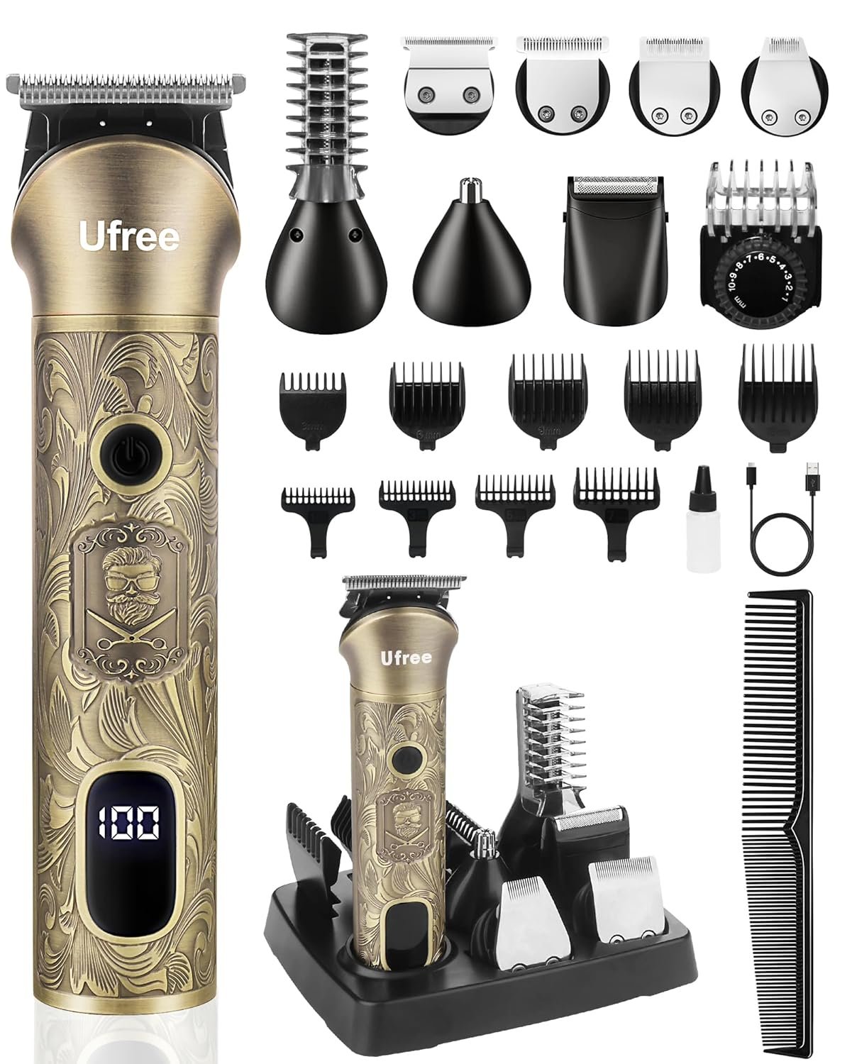 Ufree Beard Trimmer for Men, Electric Razor Shaver, Cordless Hair Clipper Shaving Kit for Mustache Body Nose Ear Hair Facial, Adjustable Beard Grooming Kit Father Birthday Gifts for Men Husband Dad