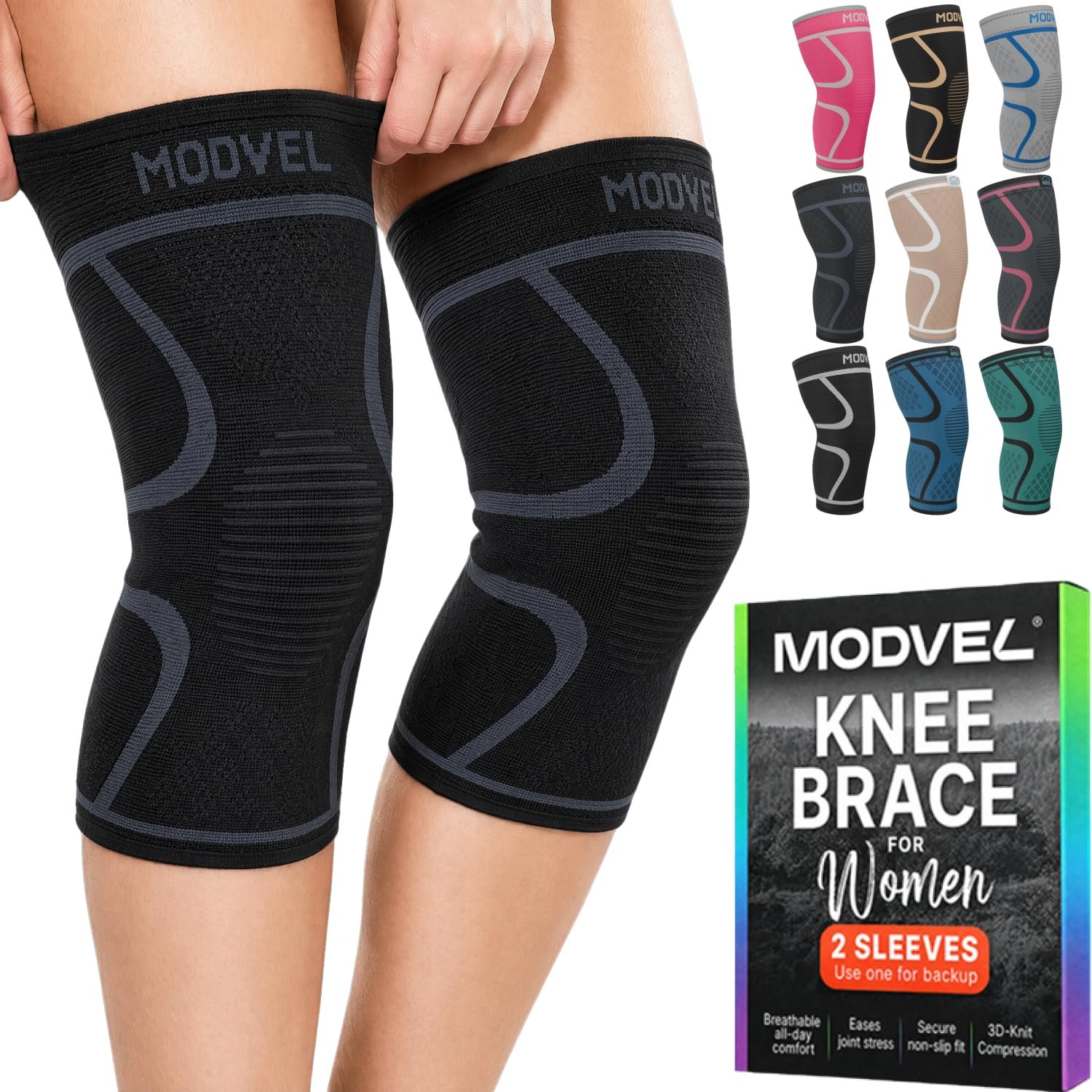 Modvel 2 Pack Knee Brace for Women – Knee Support for Walking, Knee Compression Sleeves for Pain Relief, Knee Sleeves for Women, Knee Brace for Sports, Workouts & Arthritis