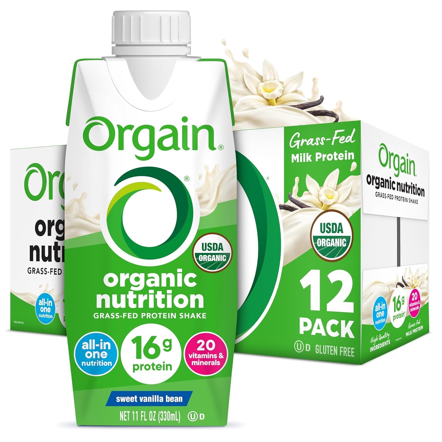 Orgain Organic Nutritional Shake, Vanilla Bean – Meal Replacement, 16g Protein, 20 Vitamins & Minerals, Gluten Free, Soy Free, Kosher, Non-GMO, 11 Ounce, 12 Count (Packaging May Vary)