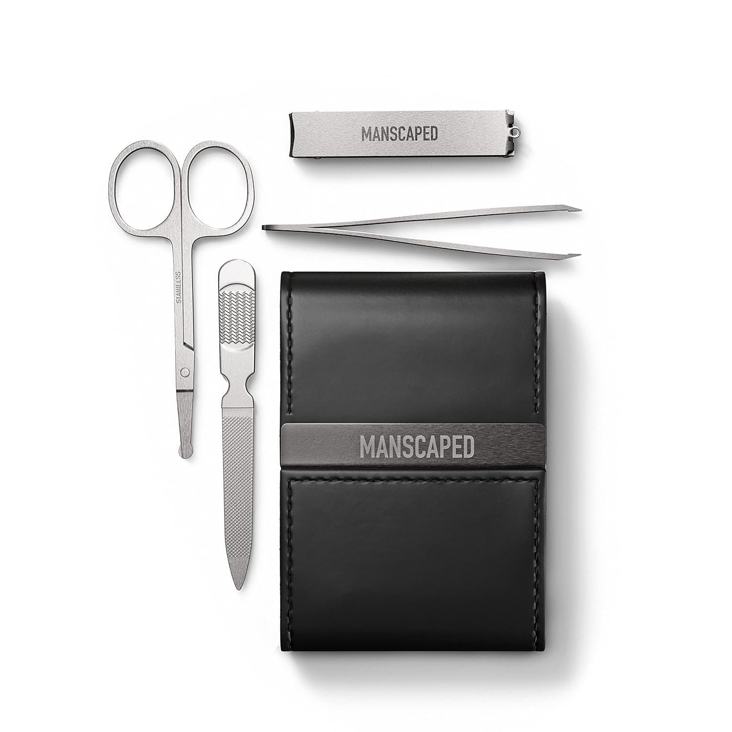 MANSCAPED® Shears 2.0 Tempered Stainless Steel Men’s Nail Kit, Fingernail Clippers, Safety Scissors, Tweezers and Nail File, Travel Manicure Pedicure Set, 4-Piece Luxury Grooming Kit with Compact Case