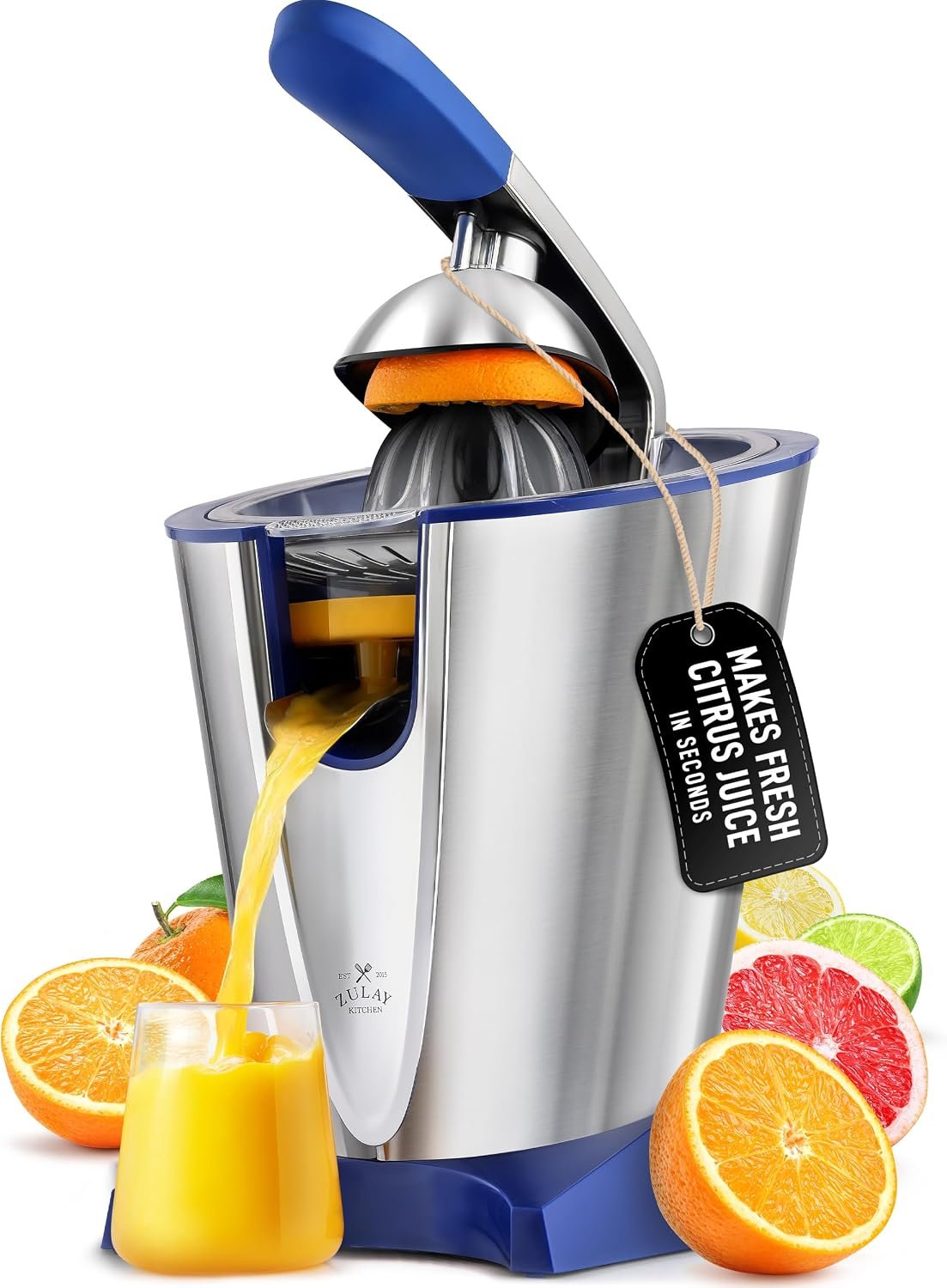 Zulay Electric Citrus Juicer – Makes Fresh Orange, Lemon, Grapefruit, Lime Juice – Stainless Steel, 160W Powerful & Quiet, Interchangeable Cones -Filters Out Seeds & Pulp- Dishwasher Safe Parts – Blue