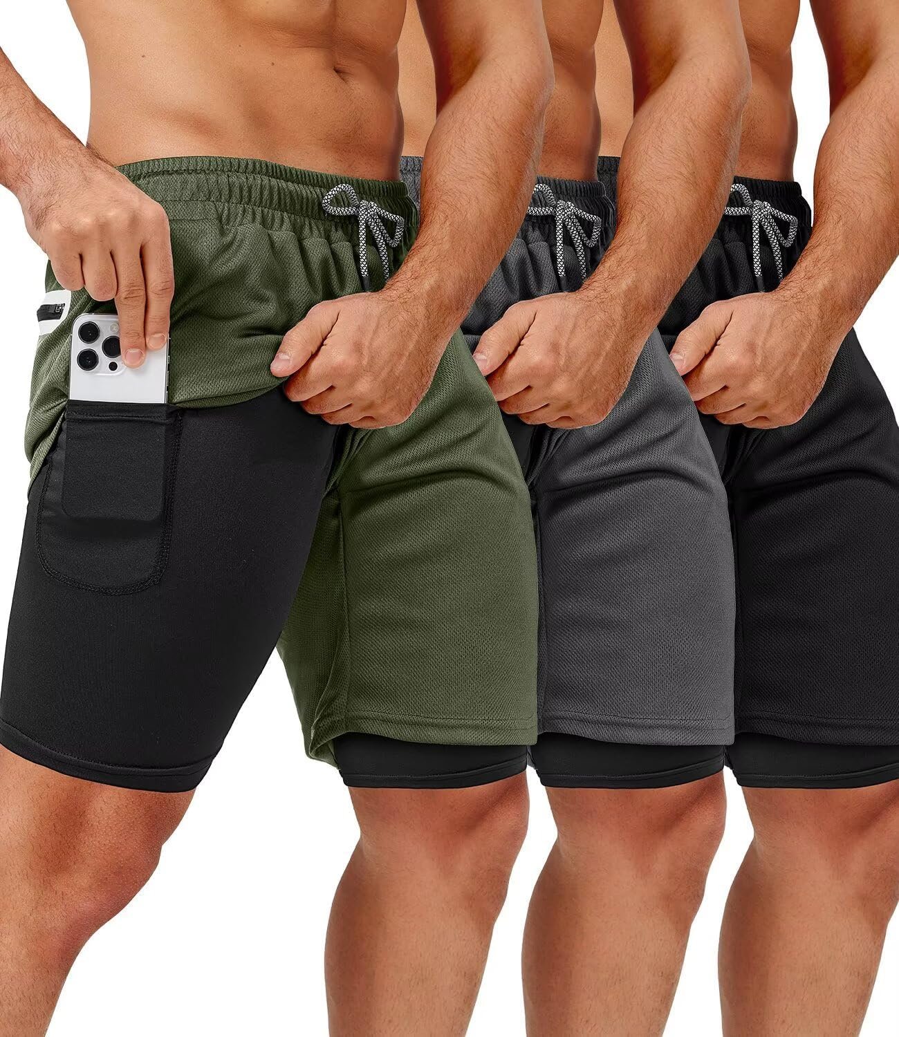 OCYMA 3 Pack Men’s 2 In1 Gym Shorts Men with Pockets 7 inch Workout Shorts Men Running Shorts with Liner&Towel Loop