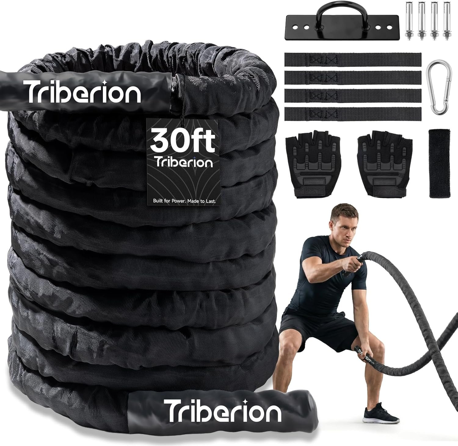 Battle Rope For Home Gym Workout – 1.26 Inch 30ft Heavy Weighted Training Exercise Ropes Fitness Equipment With Sleeve And Anchor Strap Kit For Outdoor Working Out