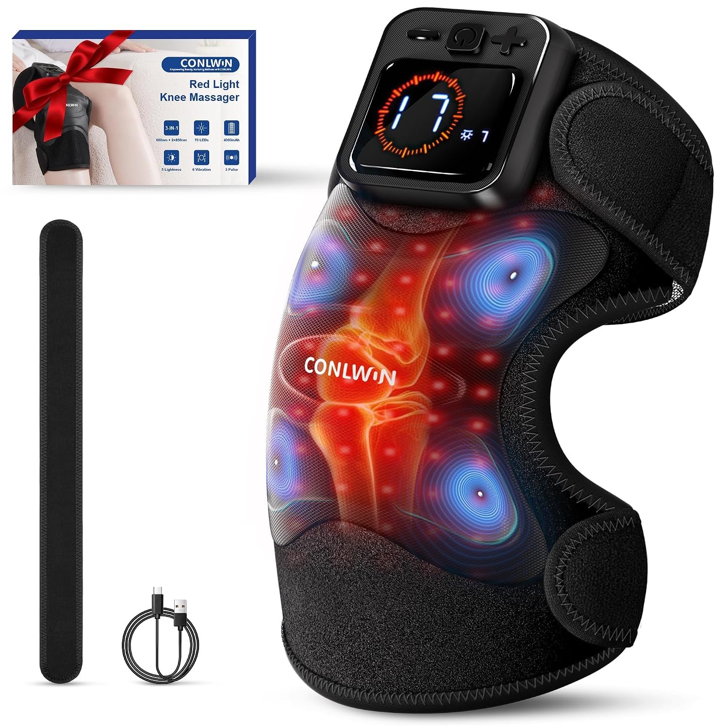 4-in-1 Cordless Knee Massager with Heat and Red Light Therapy for Knees, 6 Vibration & 4 Pulses Knee Pain Relief Device for Shoulder Elbow, Perfect for Women Men Seniors