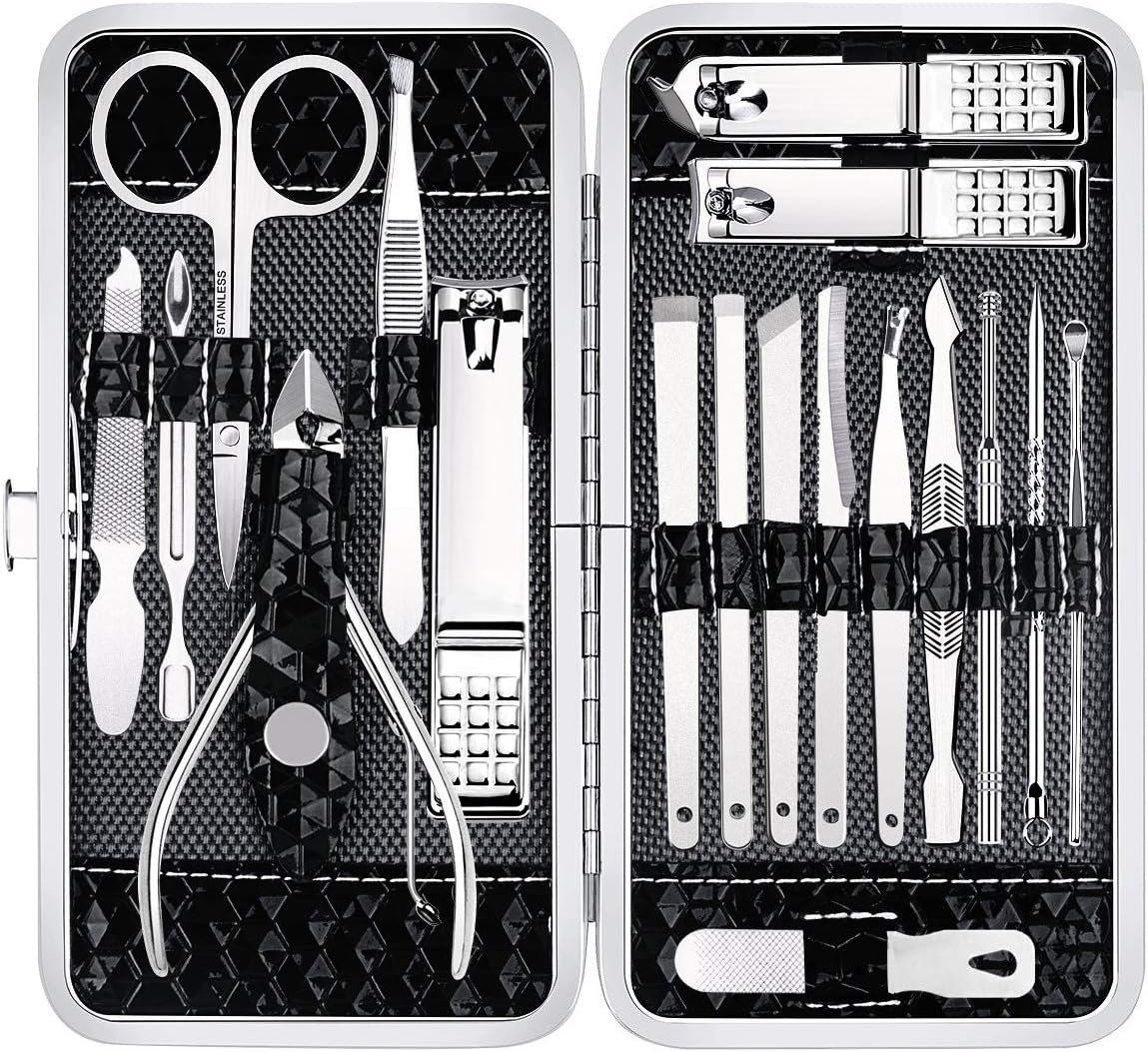 Yougai Nail Clippers Set – 18 Pcs Professional Manicure Pedicure Kit Men Women, Stainless Steel Fingernail Toenail Cutters, Nail Care Grooming Tools with Leather Travel Case