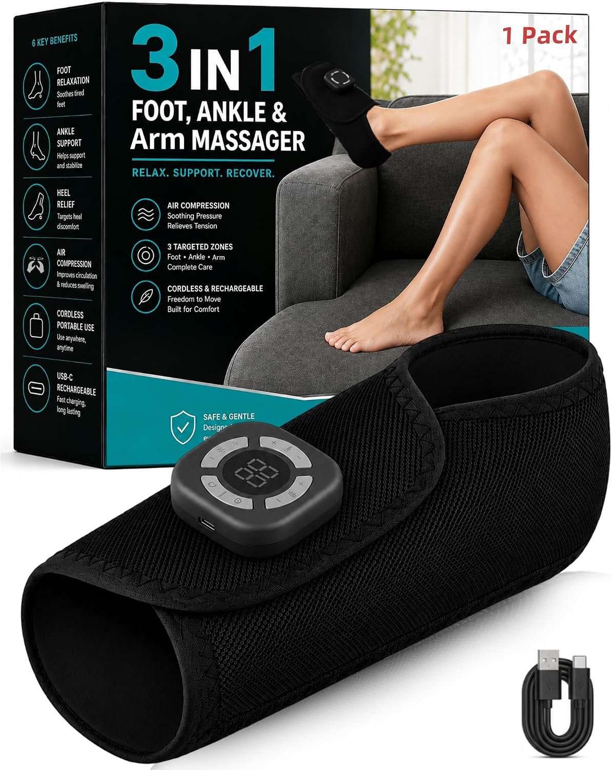 Cordless Air Compression Foot and Ankle Massager with Heat & Vibration, Wearable Rechargeable Recovery Wrap for Tired Feet, Arm Muscle Ache & Swollen Ankles, Gift for Parents, Men, Women (1 Pack)