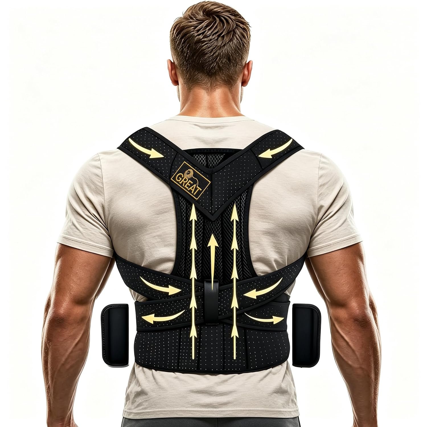 LifeLove Adjustable Posture Support Brace for Upper Back & Shoulders, Fits Height Under 200cm & Waist Under 120cm (Shoulder 105cm, Waist 115cm, Back 40cm), One Size (Black Gold, One Size Fits Most)