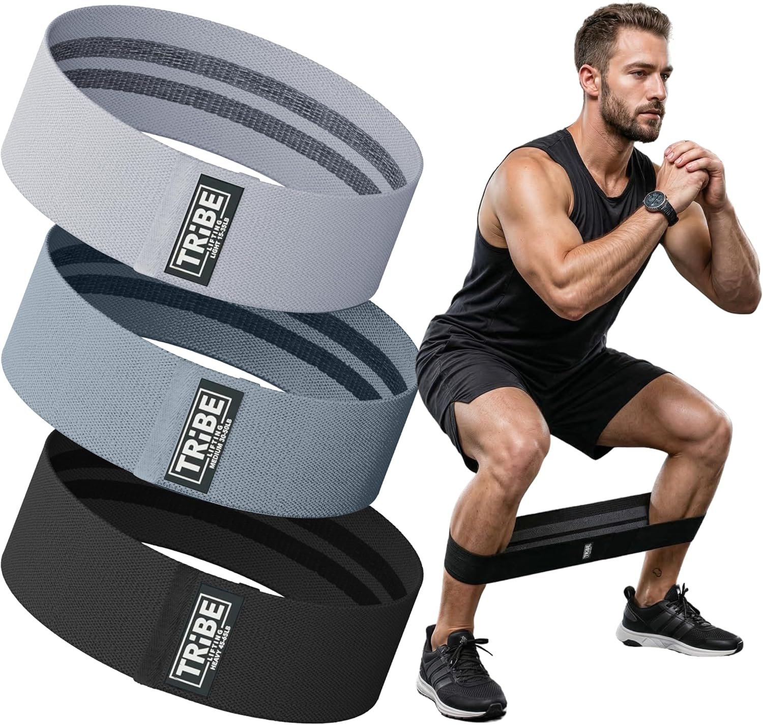 Tribe Lifting Resistance Bands for Working Out – 3 Pack Fabric Workout Bands for Women and Men – Booty Bands for Legs and Glute – Non Slip Exercise Bands Set for Squat Hip Thigh