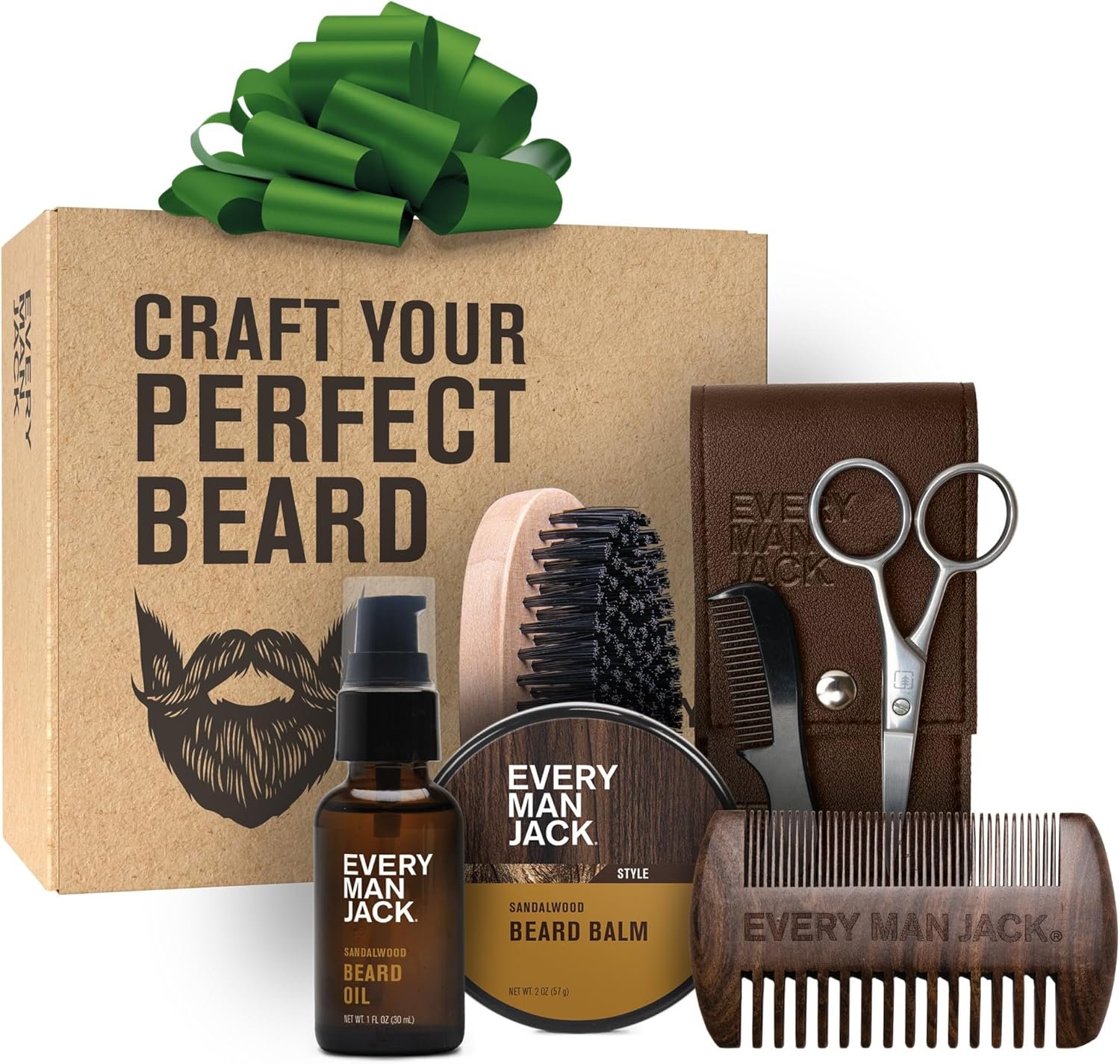 Every Man Jack Beard Care Gift Set for Men – Complete Grooming Kit with Beard Oil, Balm, Brush, Dual-Sided Comb, Trimming Scissors & Mustache Comb – Sandalwood Scent