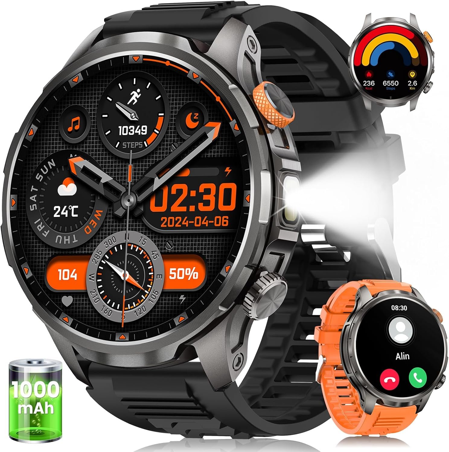 Smart Watches for Men(100 Days Battery/Flashlight), 5 ATM Waterproof Military Smart Watch with Heart Rate/Sleep/SpO2/Calling/110+ Sports Mode, Rugged Men’s Fitness Tracker Watch for Android iPhone