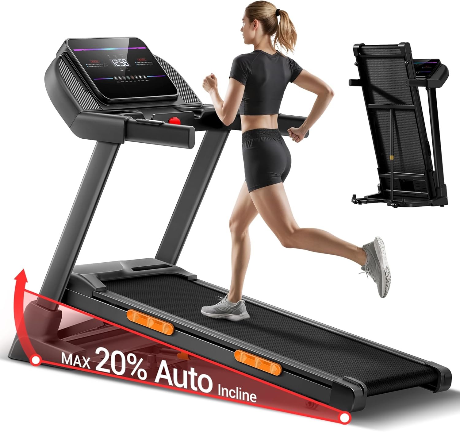 UMAY Fitness Treadmill with 20-Level 0%/20% Auto/Manual Incline, Treadmills for Home Folding with Pulse Sensors, 300-400LBS Capacity, 3.0-4.0HP Quiet Brushless, Max 8.7 MPH