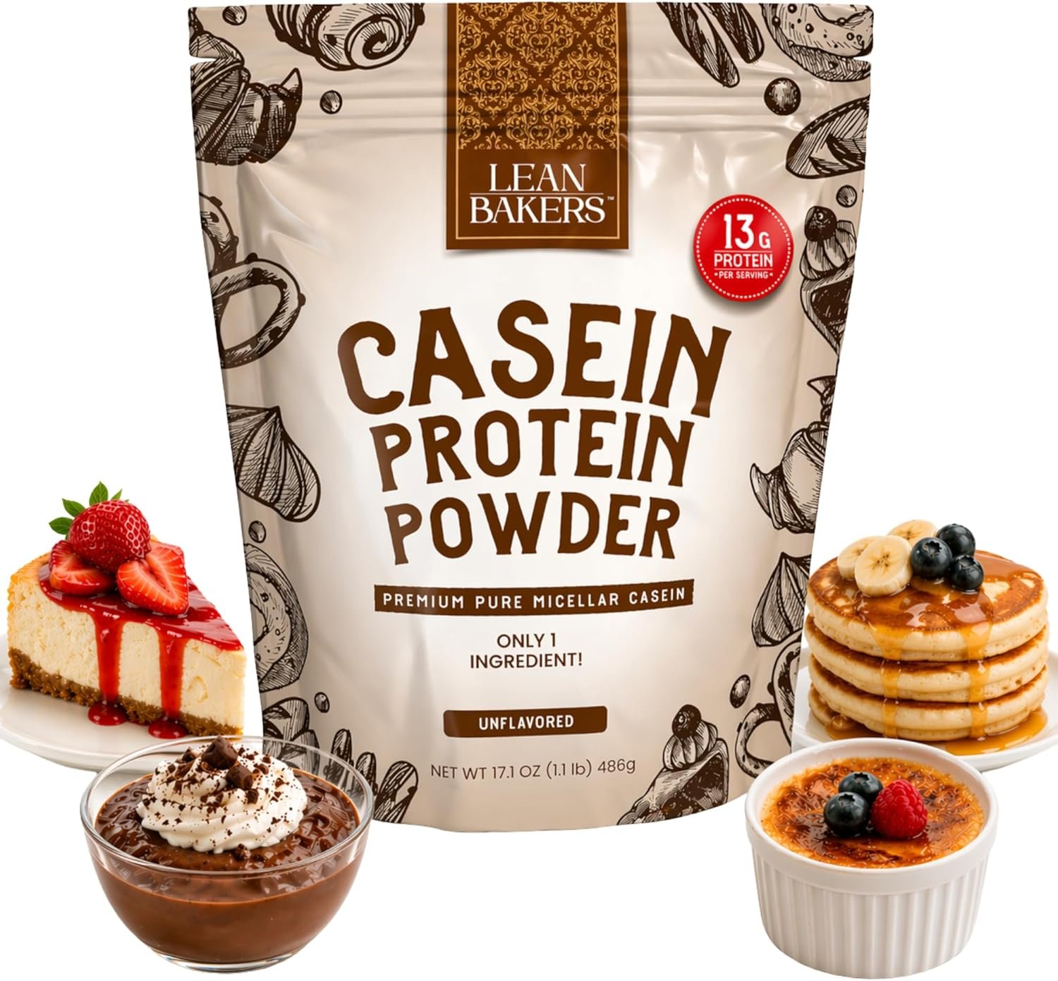 Pure Micellar Casein Protein Powder for Baking – 100% Unflavored & Sugar-Free | Keto, Low Carb & Gluten-Free | Slow-Release Night Protein for Muscle Recovery | 1.1lb – High Protein Flour Replacement