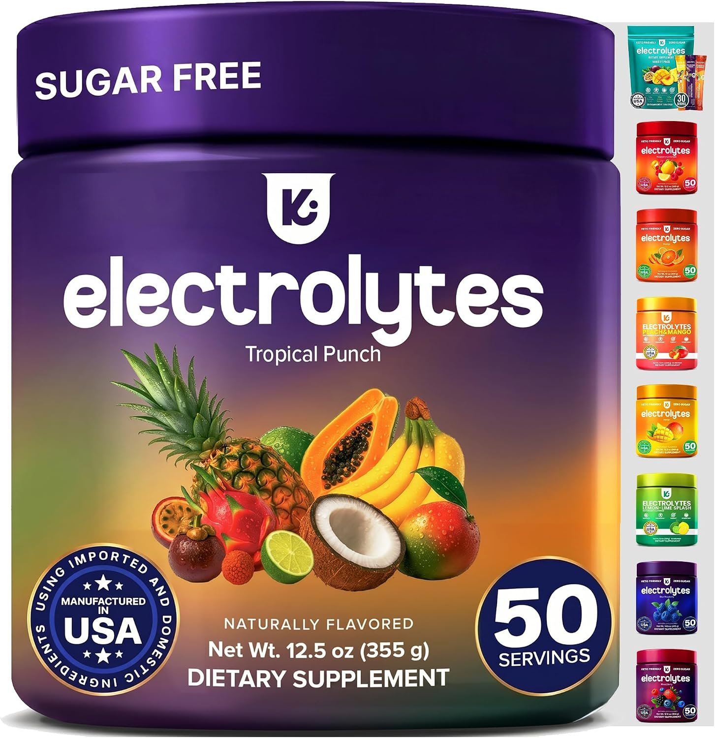 Keppi Sugar Free Electrolytes Powder – Naturally Sweetened Zero Sugar Tropical Punch 12.5oz – Clean Hydration Drink with High Potassium, Magnesium, Trace Minerals – No Calorie Daily Electrolyte Powder