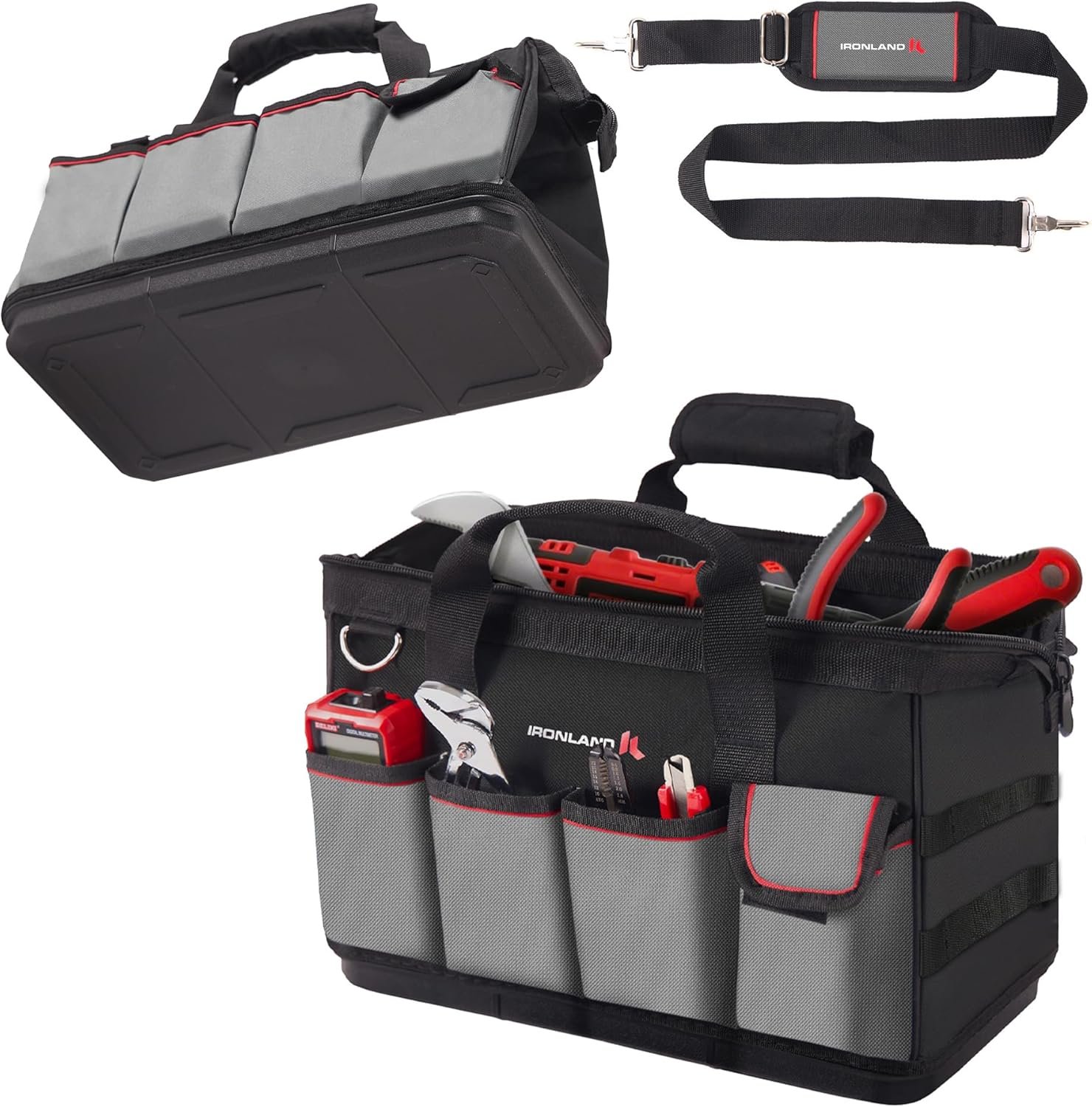 IRONLAND 16.5 Inch Hard & Sturdy Bottom Tool Bag Organizer for Men, Waterproof Heavy Duty Tool Bag with Handle & Large Zipper, Ideal for Mechanics Electrician Handyman Hvac, Great Gift for Dad