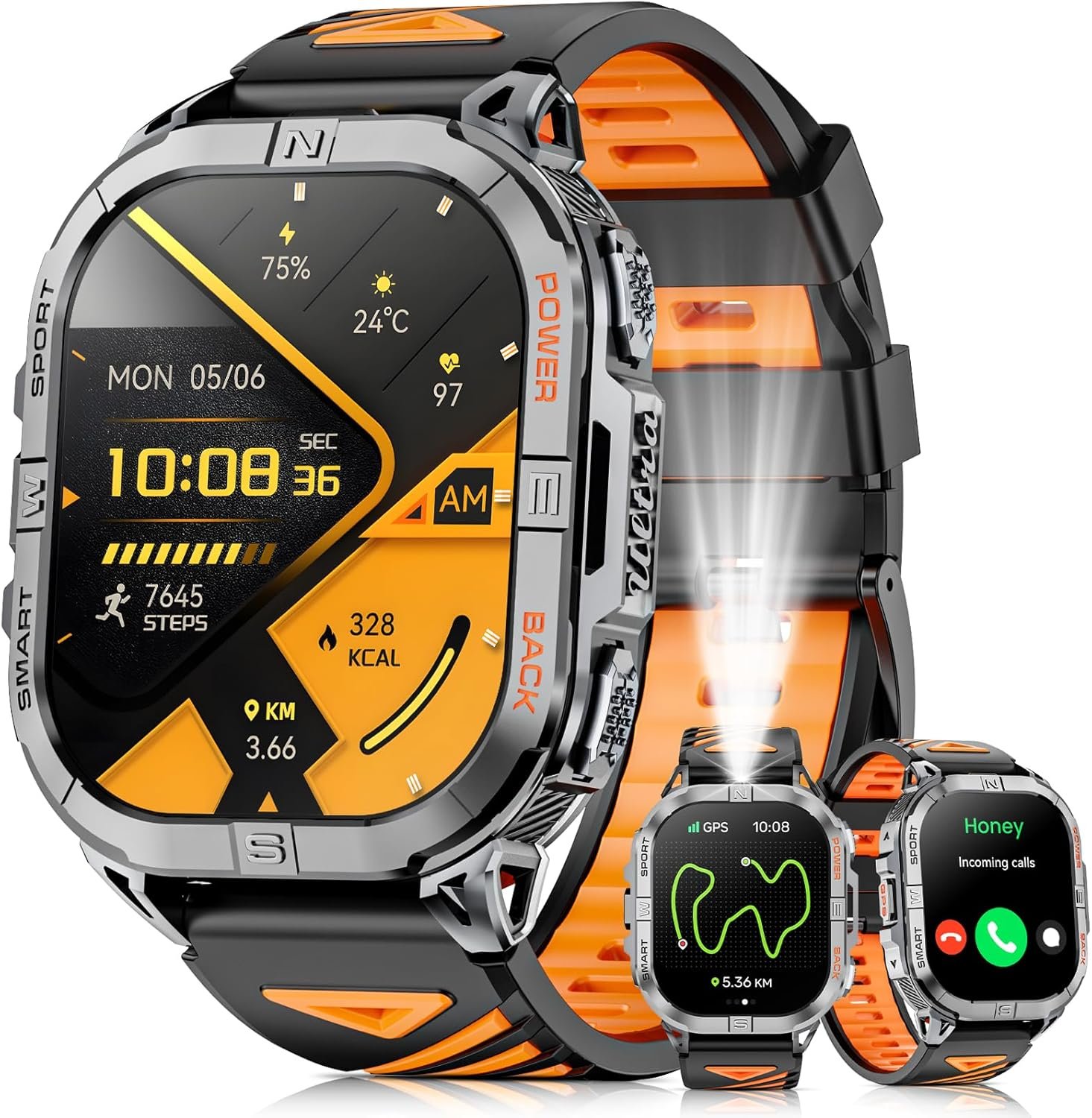 Military Smart Watch for Men Built-in GPS with LED Flashlight Compass, 2.13″ AMOLED Tactical Smart Watches with Answer/Make Calls, 3ATM Waterproof Fitness Tracker for iPhone Android (Black)