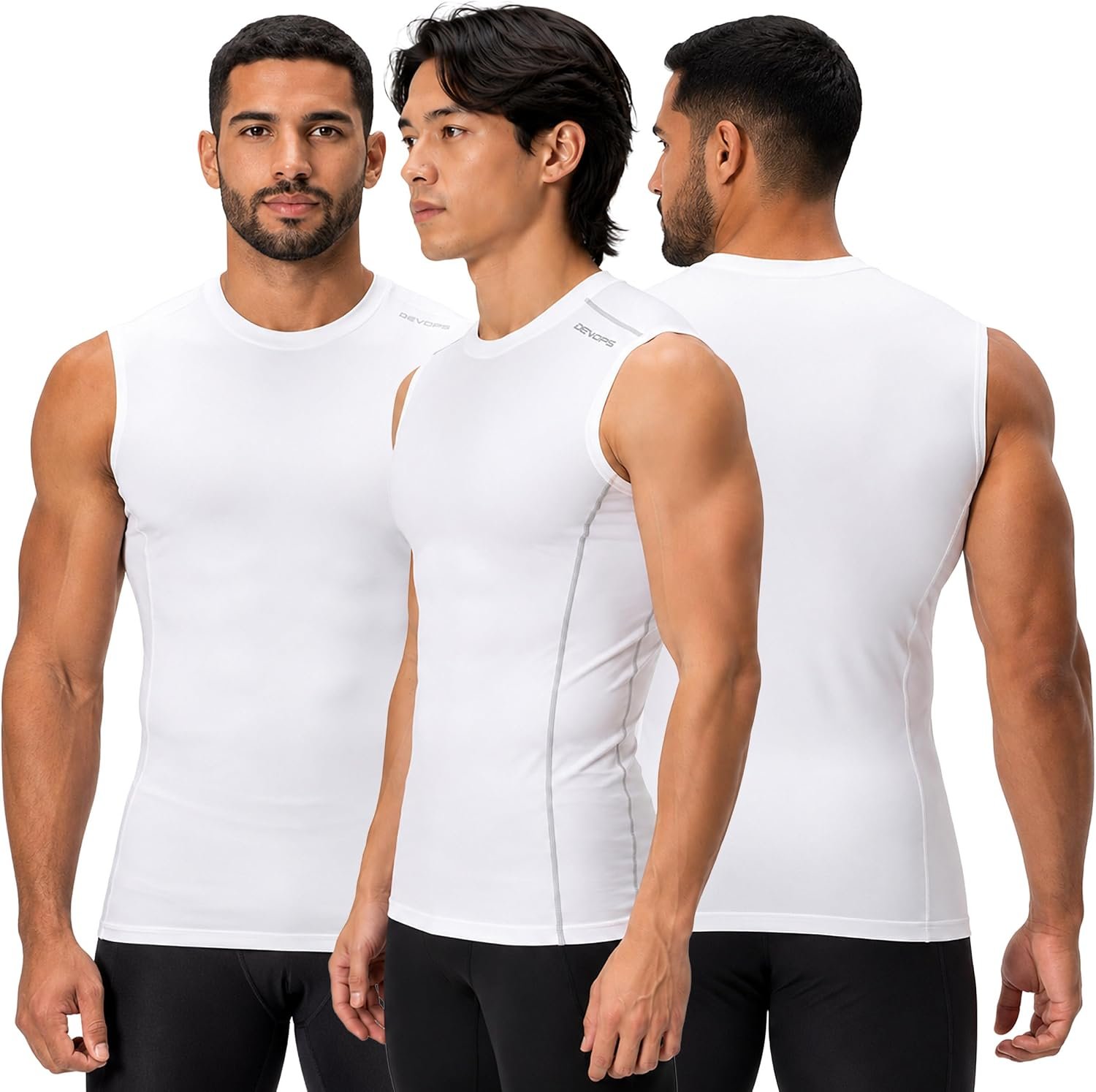 DEVOPS 3 Pack Men’s Compression Shirts Sleeveless Workout Tank Top Baselayer for Gym Training, Running, Moisture Wicking