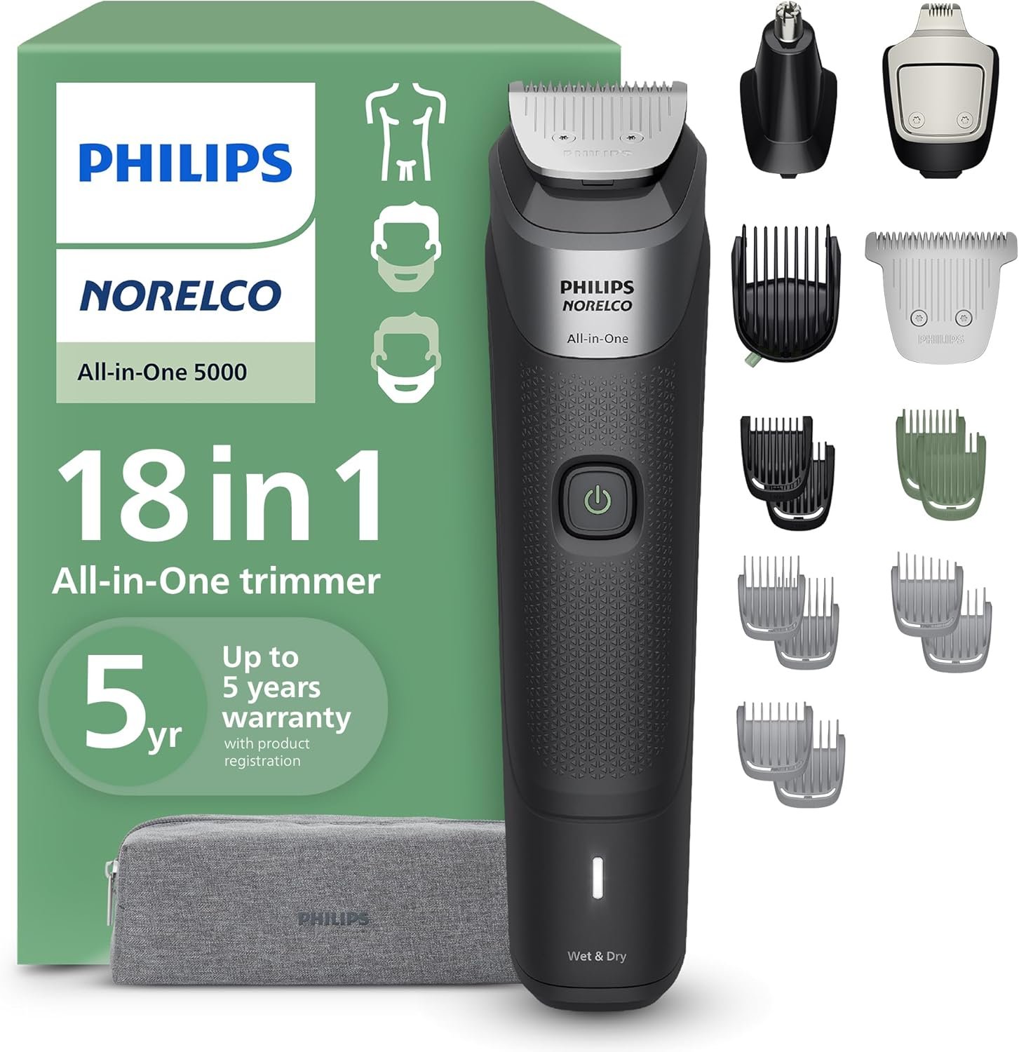 Philips Norelco All-in-One 18-Piece Trimmer 5000 Series – Shaver and Clipper for Face, Hair & Body, Self-sharpening Titanium Coated Blades, 16 Length Settings (0.5-16 mm), Wide Hair Clipper, MG5970/49