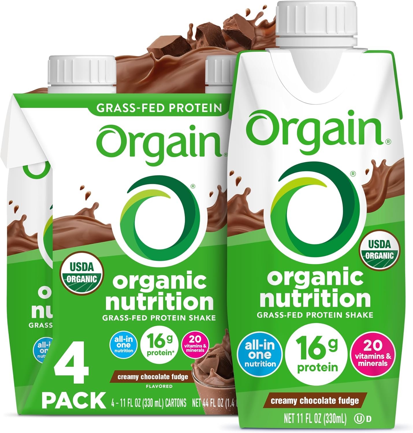 Orgain Organic Nutritional Shake, Creamy Chocolate Fudge – Meal Replacement, 16g Protein, 20 Vitamins & Minerals, Gluten & Soy Free, Kosher, Non-GMO, Packaging May Vary, 11 Fl Oz (Pack of 4)