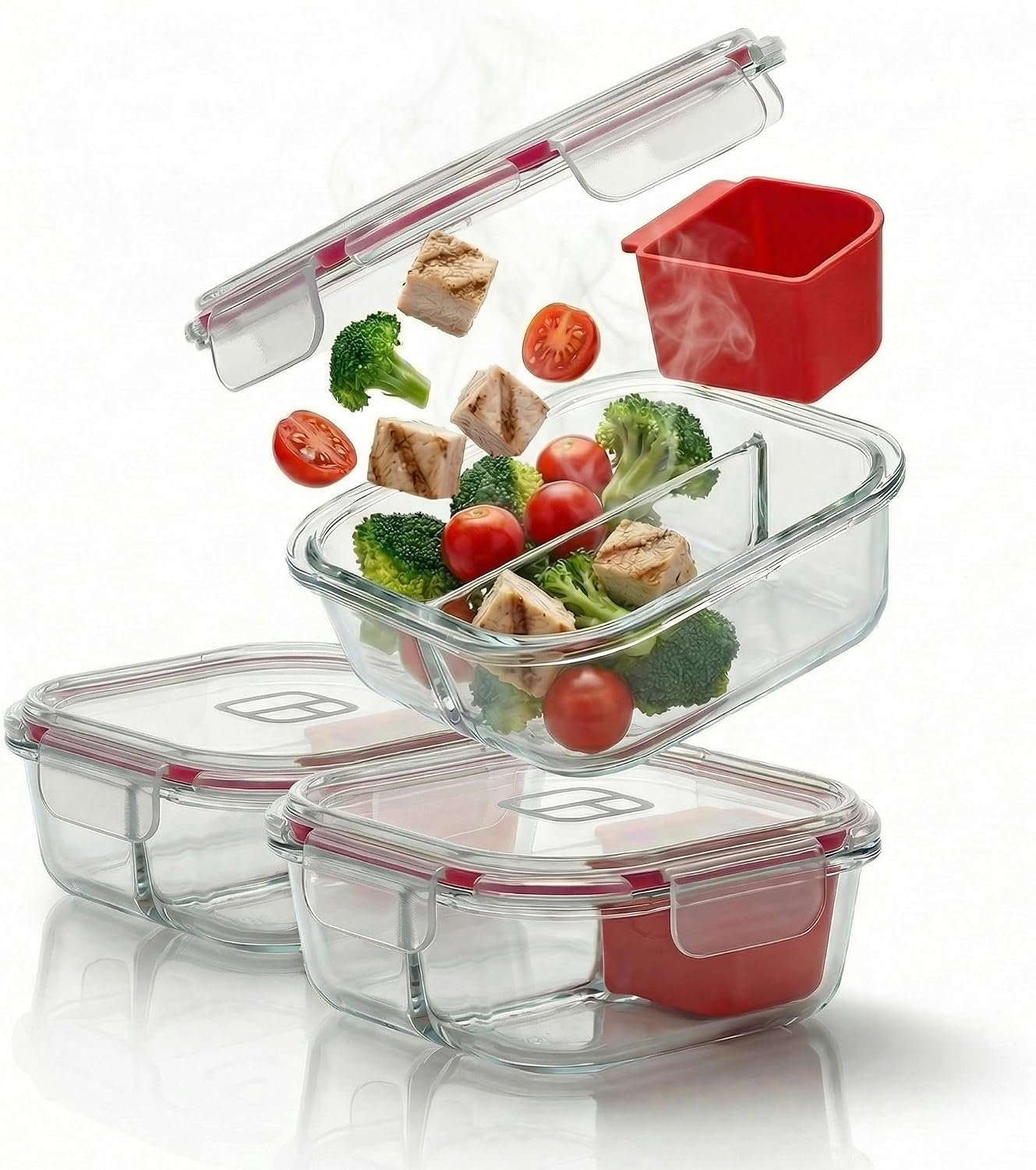 Deluxe II Meal Prep Set (3-Pack) – 2-Cup Bariatric Portion Control Containers with Mindful Eating Utensils and Silicone Condiment Cups | Glass Prep Containers for Gastric Sleeve & Bypass
