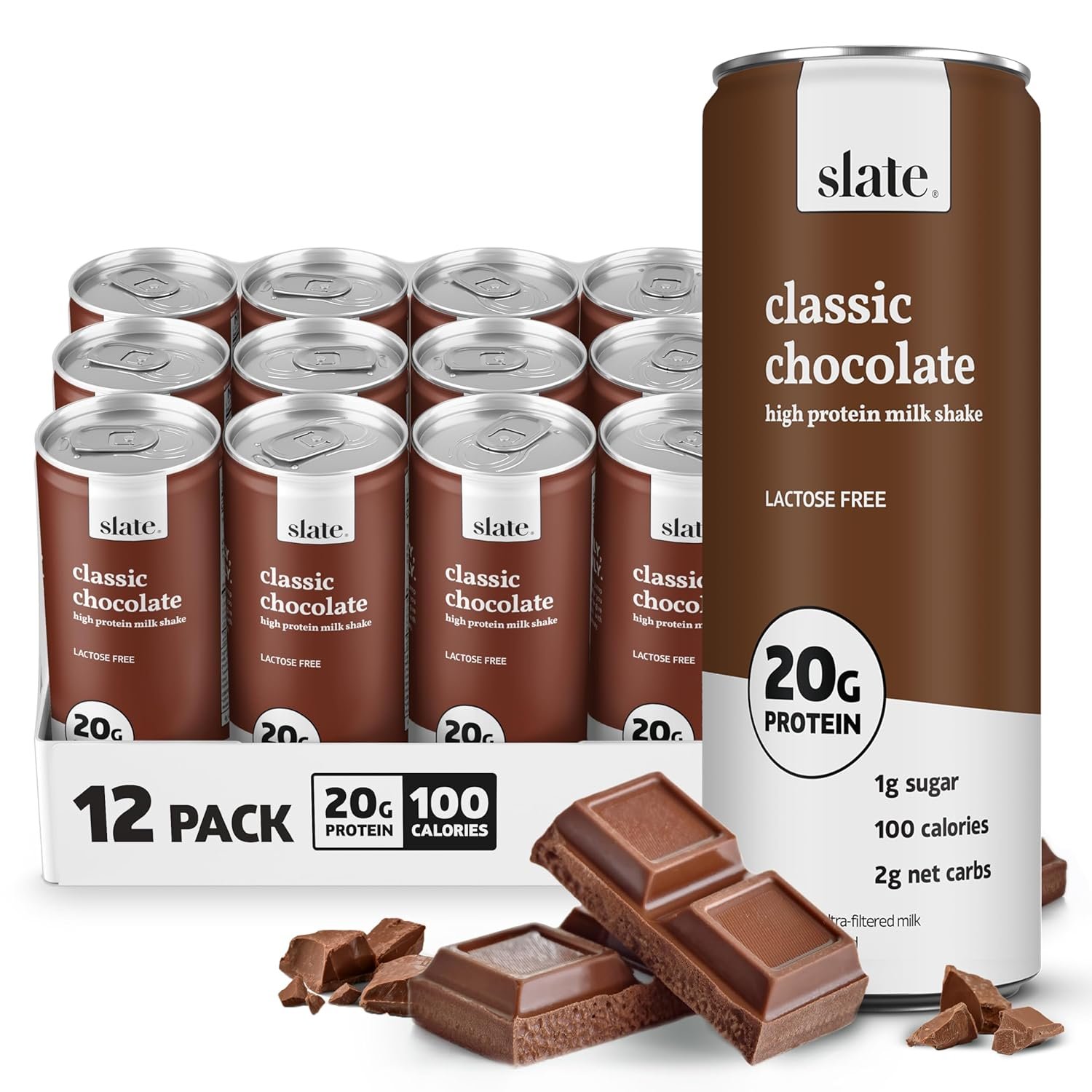 Slate Milk High Protein Milk Shake (Classic Chocolate) 12 Cans, 11 fl oz | Lactose Free – 20g Protein – 1g Sugar – 100 Calories – 2g Net Carbs – No Added Sugar – Natural, Breakfast Boost, Post Workout