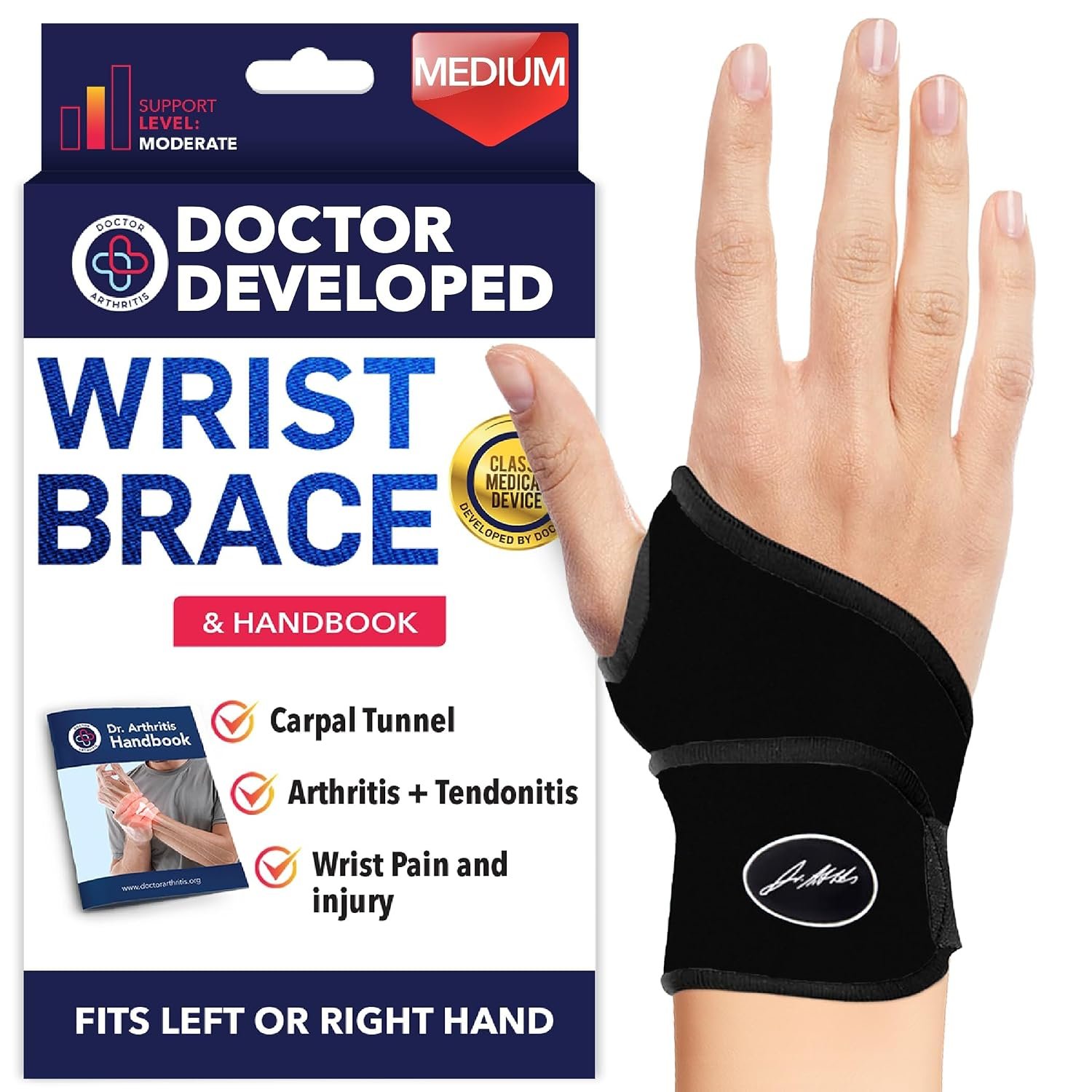 Doctor Developed Wrist Brace, Wrist Wraps for Carpal Tunnel Arthritis, Tendonitis, Hand Support, Ideal for Fitness, Weightlifting – Handbook Included (Wrist Brace 1 Pack)