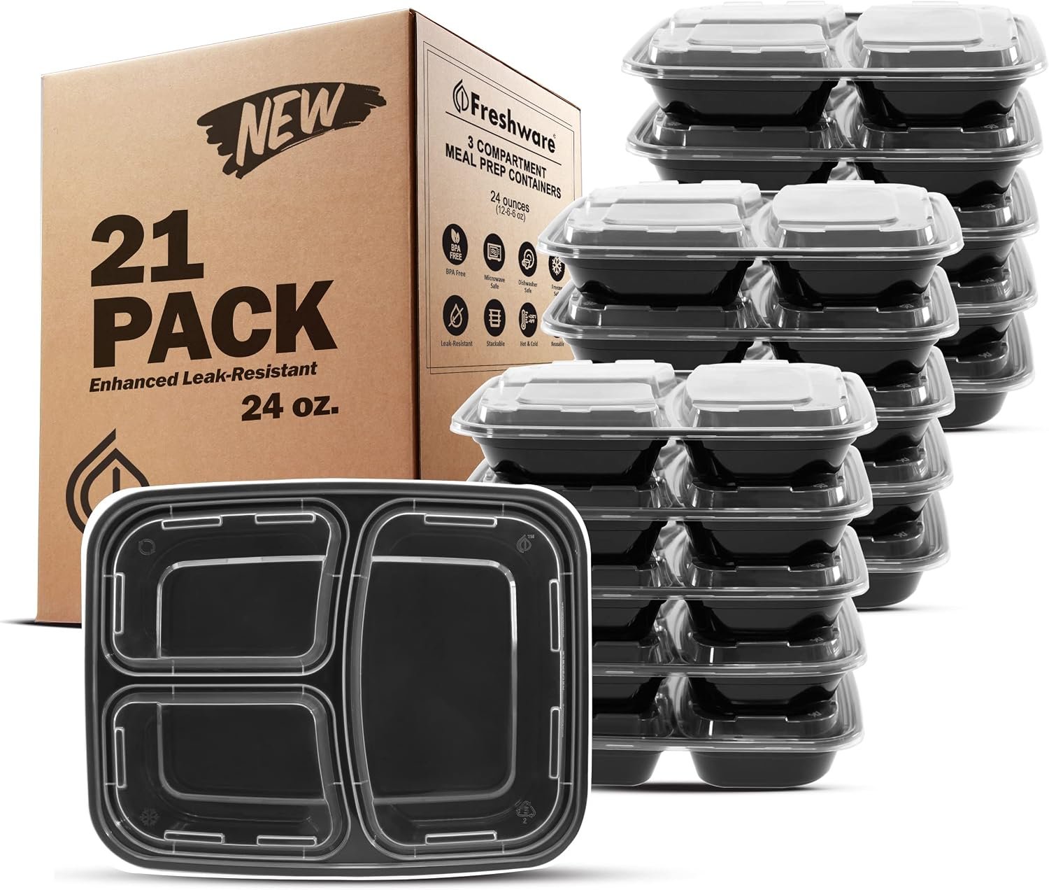Freshware Meal Prep Containers [21 Pack] 3 Compartment with Lids, Food Storage Containers, Bento Box, Stackable, Microwave/Dishwasher/Freezer Safe (24 oz)