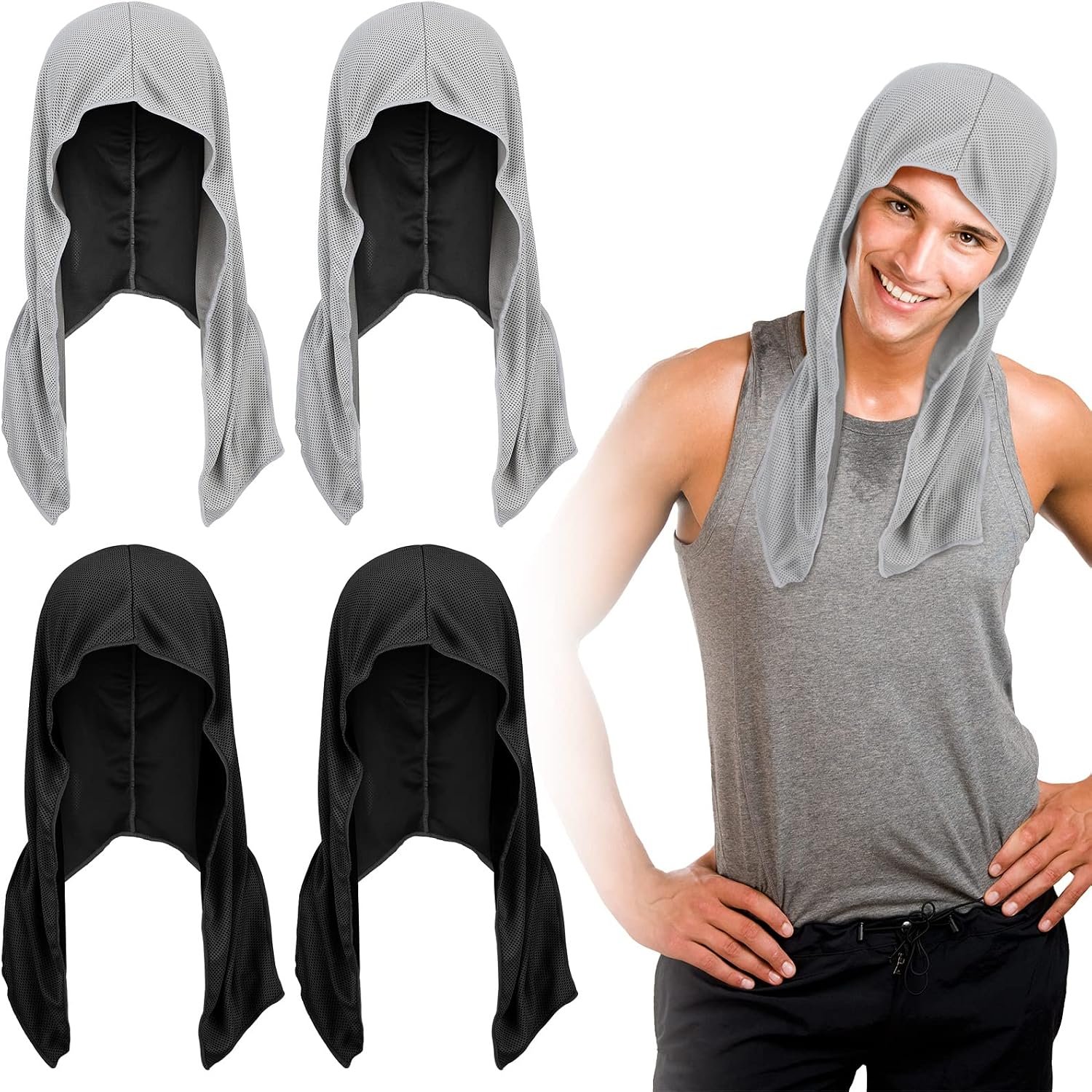 Bencailor 4 Pack Cooling Hoodie Towels Cooling Towels for Neck and Face Head Wrap UPF 50 UV Sun Protection for Sport Workout Camping(Black and Gray,Classic Style)