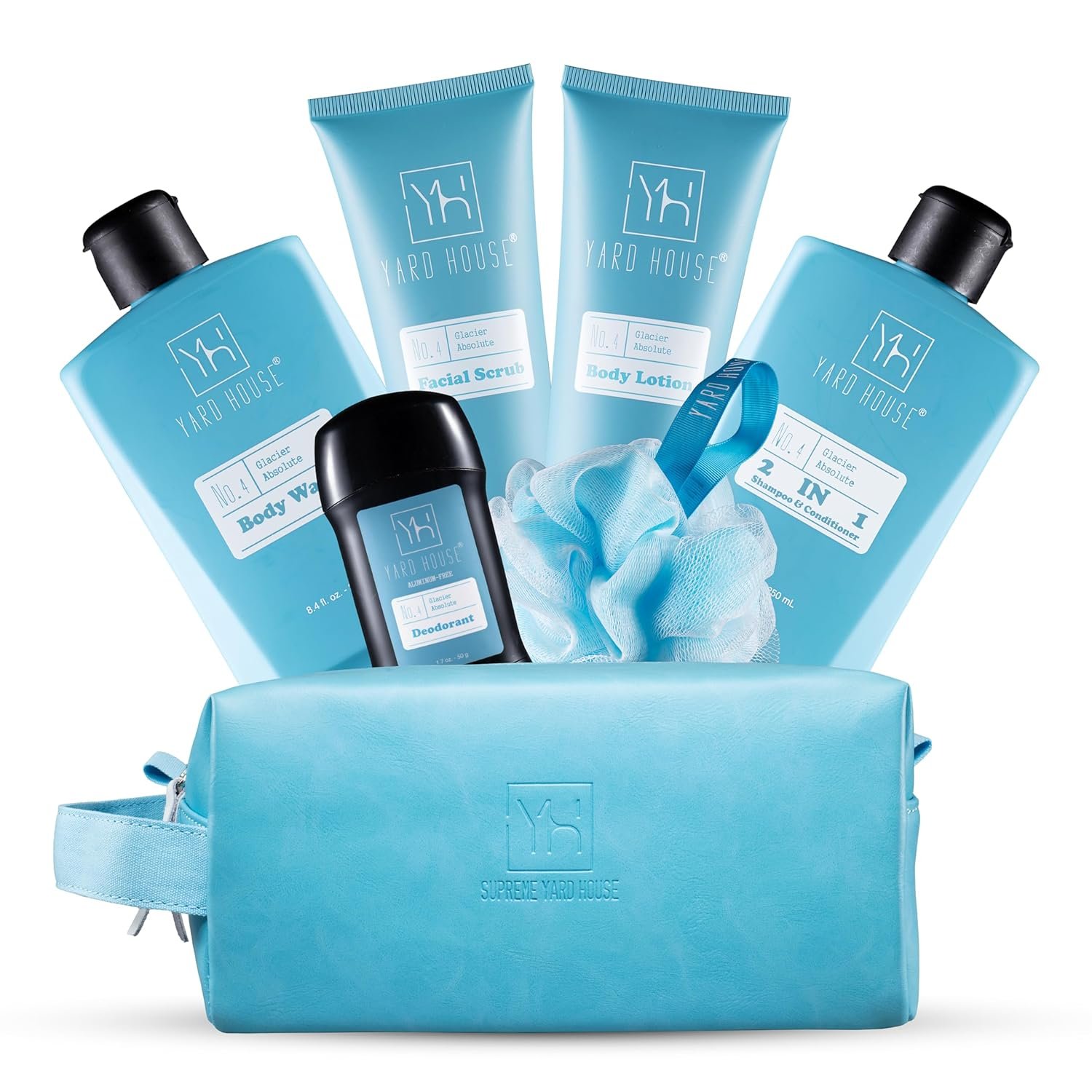 Yard House Bath and Body Mens Gift Set – Glacier Absolute – Premium Fathers Day Birthday Christmas Gifts Ideas For Him – Skin Care Kits For Men in Leather Toiletry Bag w. Full Size Items