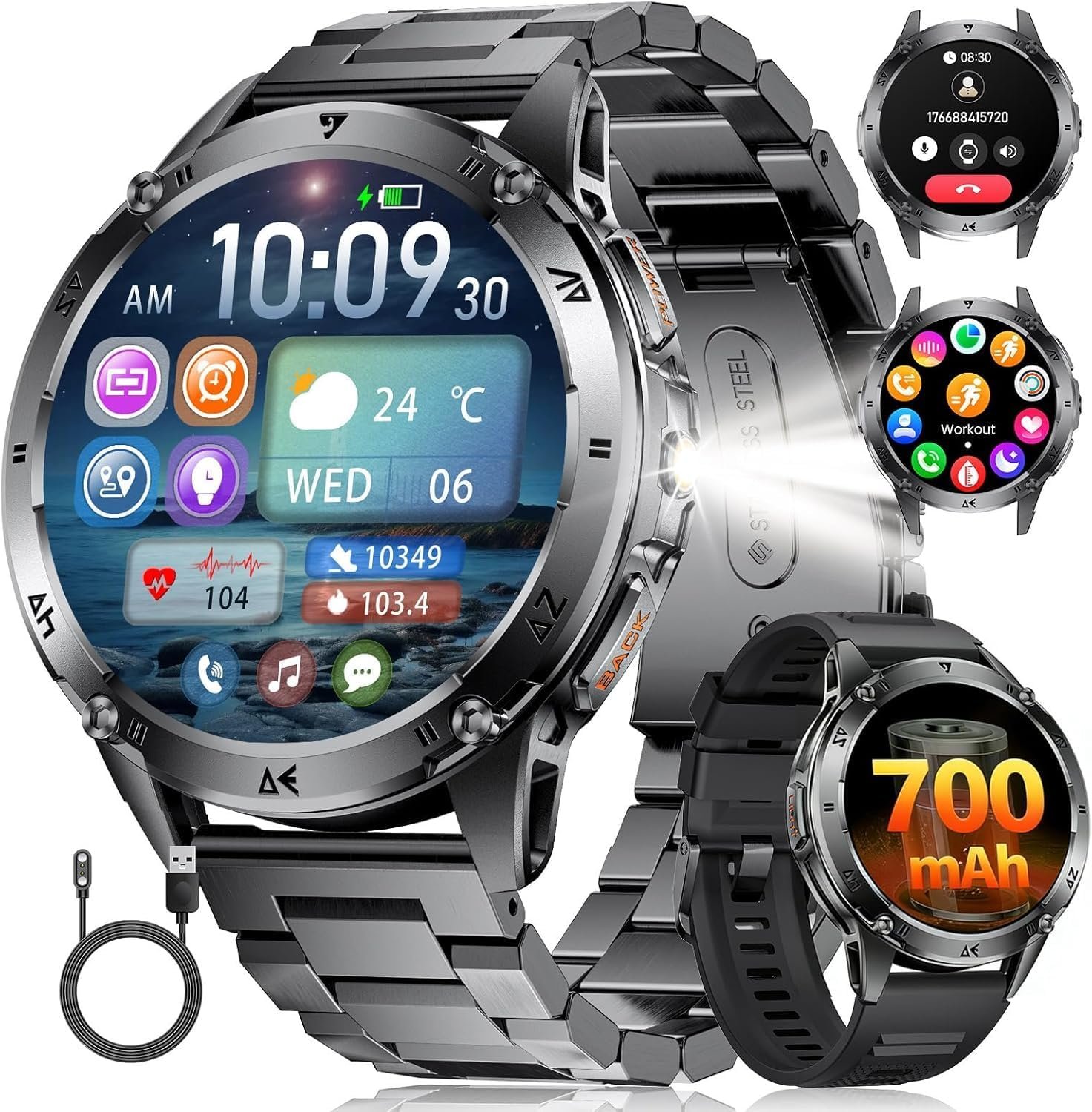 LIGE Military Smart Watches for Men, Smartwatch with 700mAh/1.43″ AMOLED Screen/Flashlight/Heart Rate/Sleep/Calling/110+ Sports Mode, Rugged Men’s Fitness Tracker Watch for Android iOS,Black