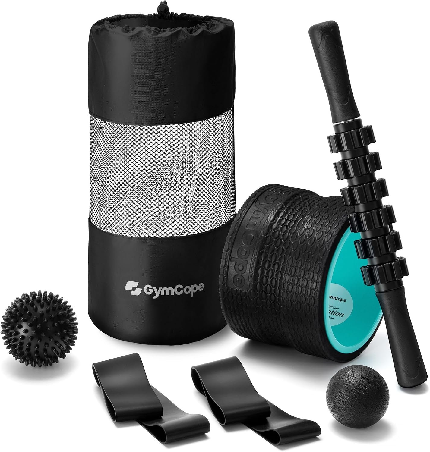 GymCope 5-in-1 Foam Roller Set with Back Roller, Massage Roller Stick, Spiky Ball, Fascia Ball and Stretch Band, 6 Inch Yoga Back Stretcher for Deep Stretch, Posture Support and Home Workout Recovery
