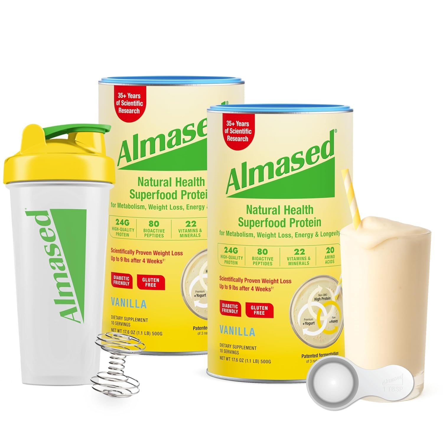 Almased Meal Replacement Shakes for Weight Loss for Women & Men, Protein Powder with Shaker Bottle Included, Low-Glycemic Vanilla, 24g Protein Per Serving (2 Cans @ 17.6 oz ea + Shaker Bottle + Scoop)