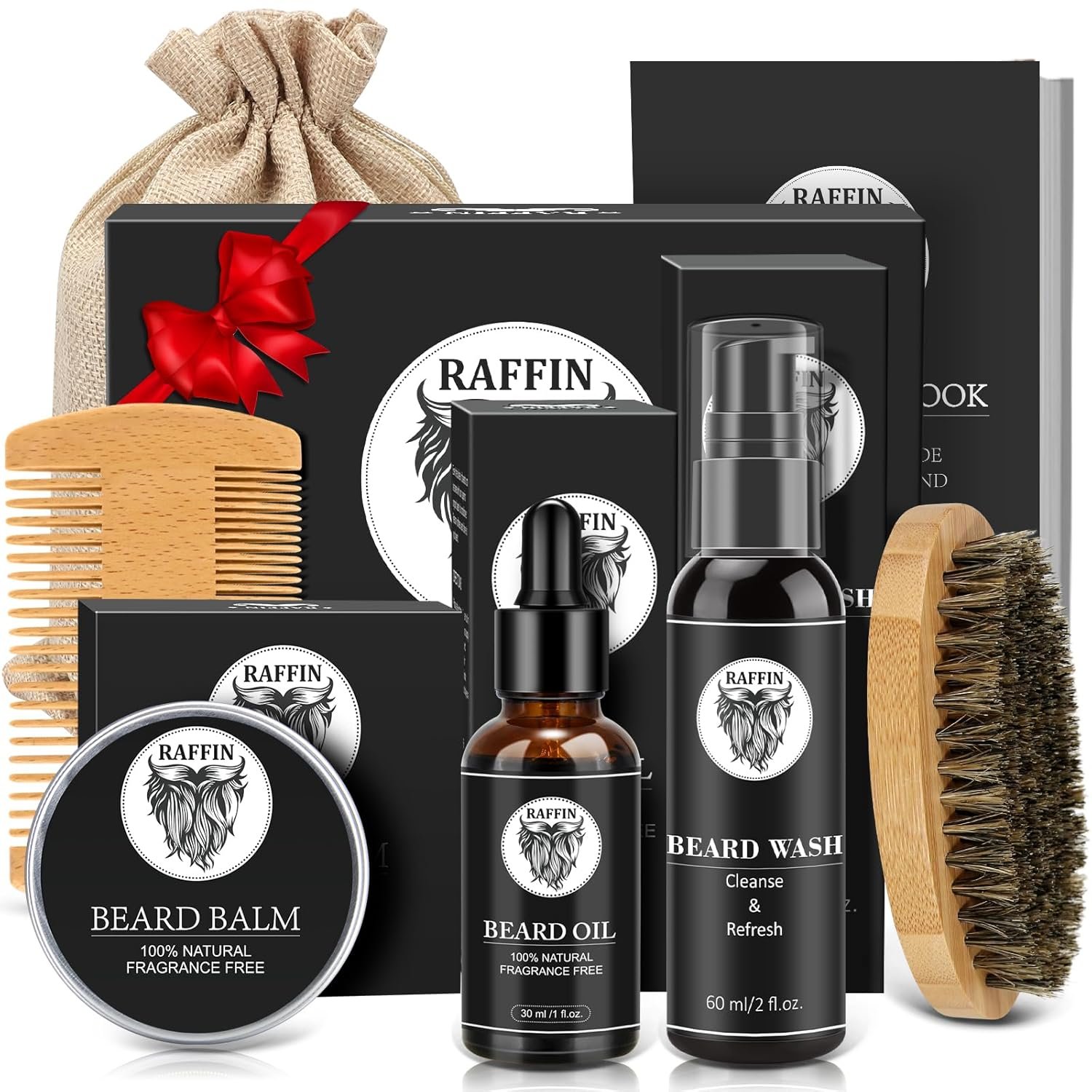 RAFFIN Beard Kit w/Beard Oil, Beard Balm, Beard Brush, Beard Comb, Beard Wash/Shampoo for Men’s Self-care, Christmas & Stocking Stuffers for Adult Men, Birthday Gifts for Him Husband Boyfriend Dad
