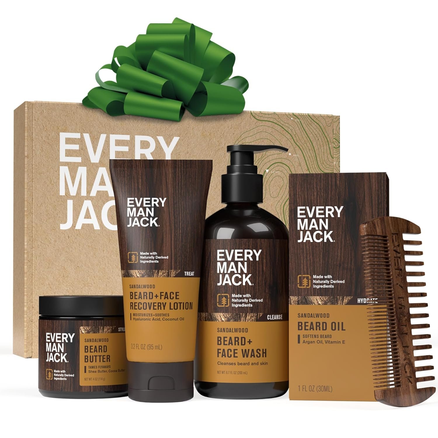 Every Man Jack Beard Essentials Gift Set for Men – Complete Routine with 5 Full-Size Essentials – Sandalwood Scent – Beard & Face Wash, Lotion, Oil, Butter & Comb
