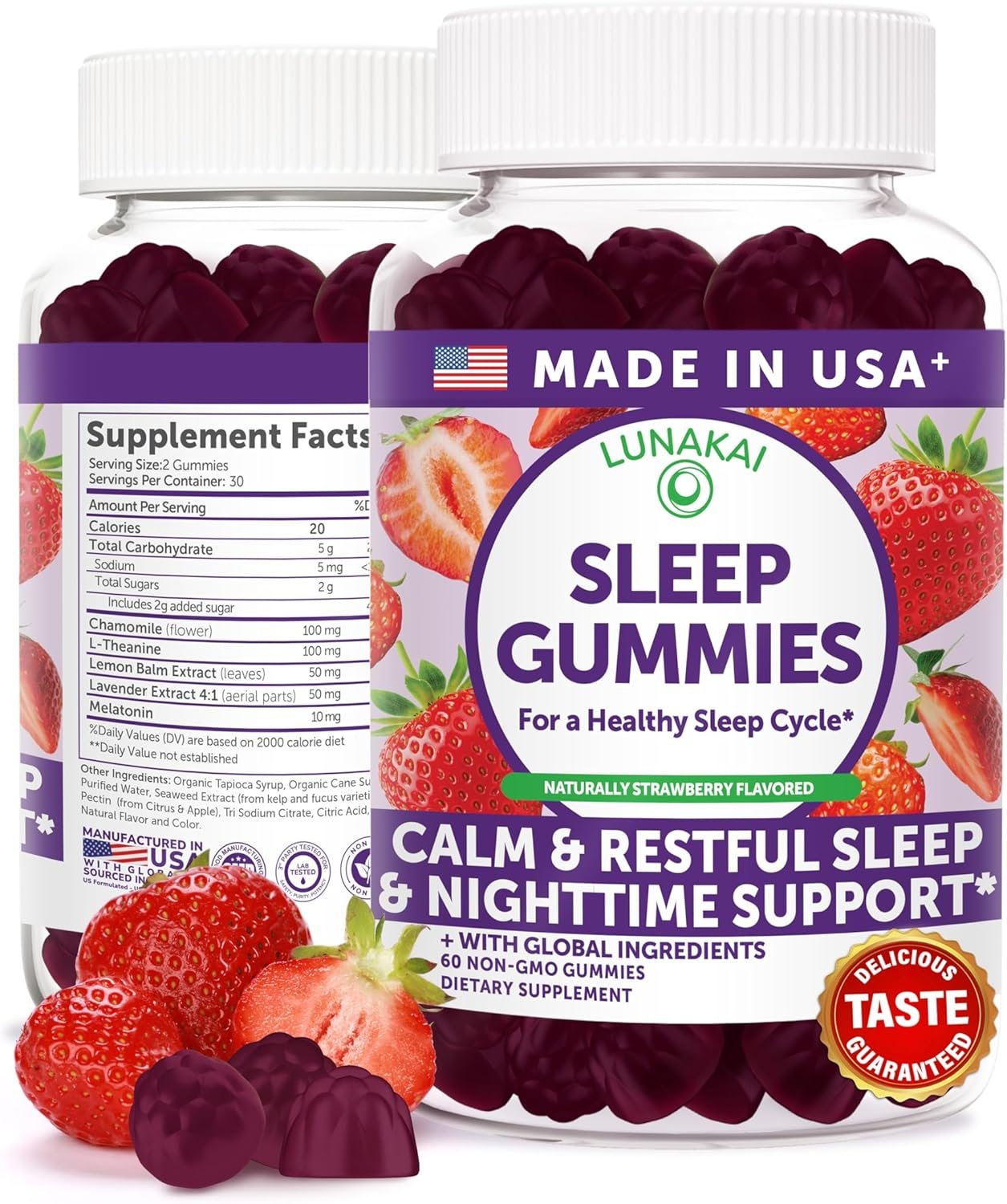 Lunakai USA Made Sleep Gummies for Adults with Melatonin 10mg, L-Theanine, Chamomile & Lavender – 5-in-1 Natural Daily Sleep Aid, Vegan Melatonin Gummies, Non-GMO Sleeping Supplements, 60ct