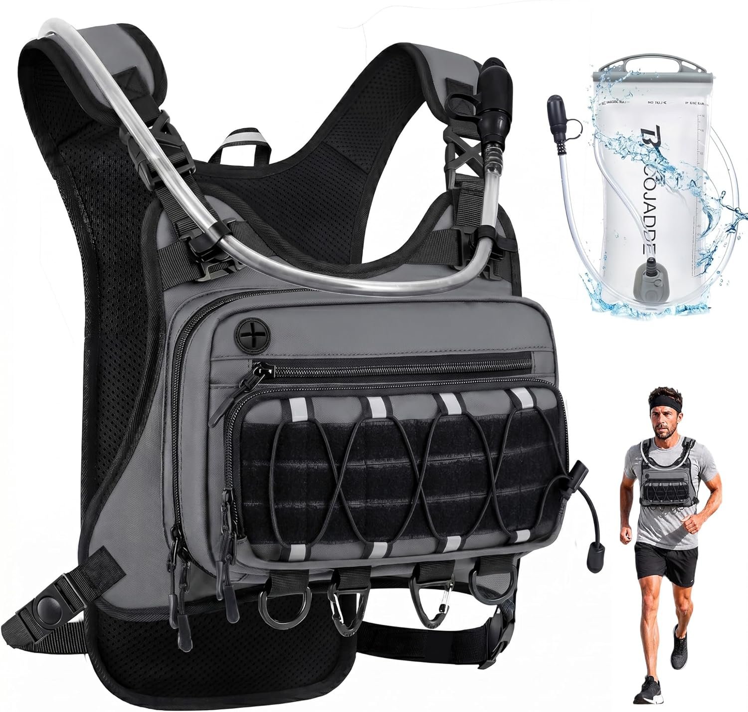 BECOJADDE Running Vest for Men with 2L Water Bladder Tactical Hydration Backpack Adjustable Lightweight Chest Pack for Marathon Hunting Cycling