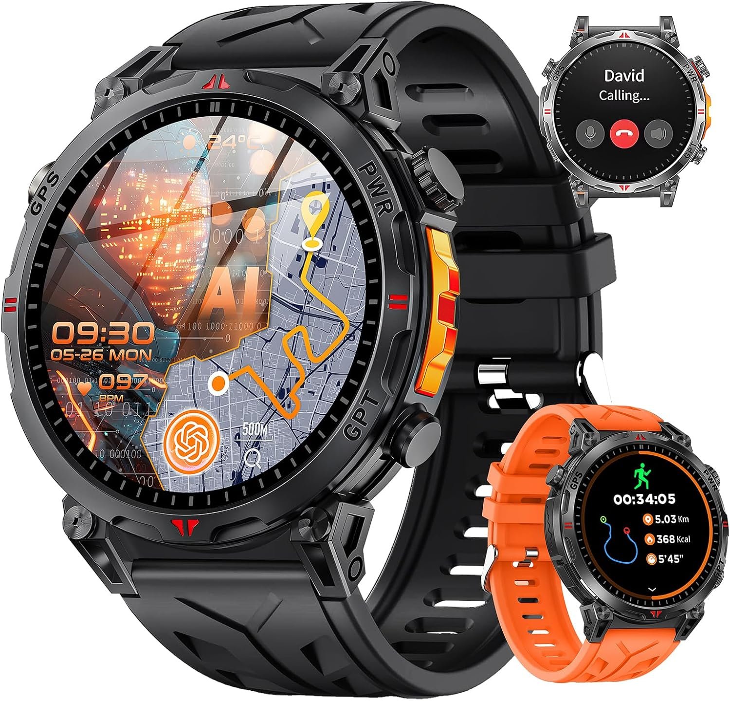 GPS Military Smart Watches for Men, 1.56″ AMOLED Screen Bluetooth Call, Smartwatch for Android Phones and iPhone, 100+ Sport Modes, 3ATM Waterproof Smart Watch with Compass