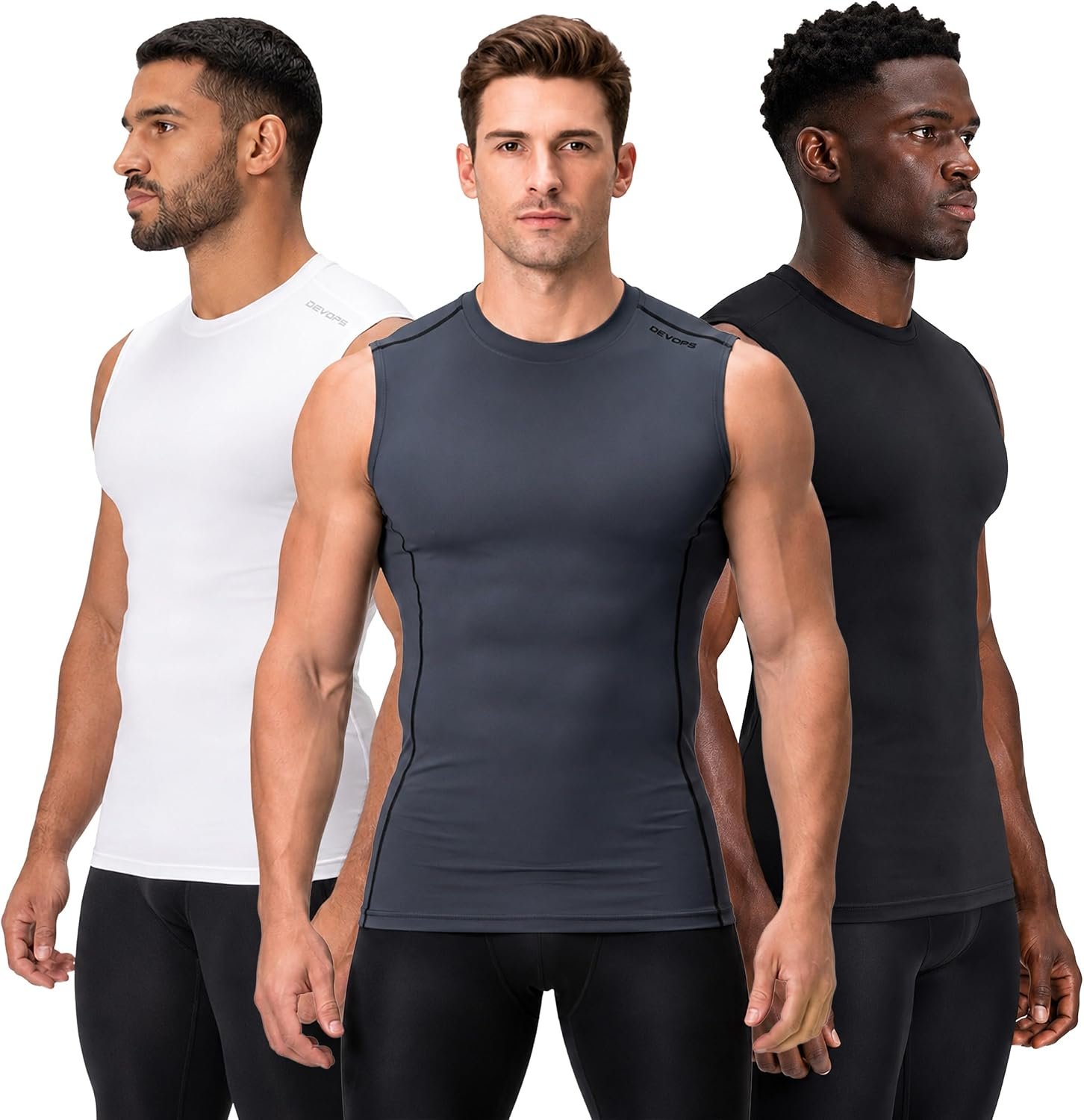 DEVOPS 3 Pack Men’s Compression Shirts Sleeveless Workout Tank Top Baselayer for Gym Training, Running, Moisture Wicking