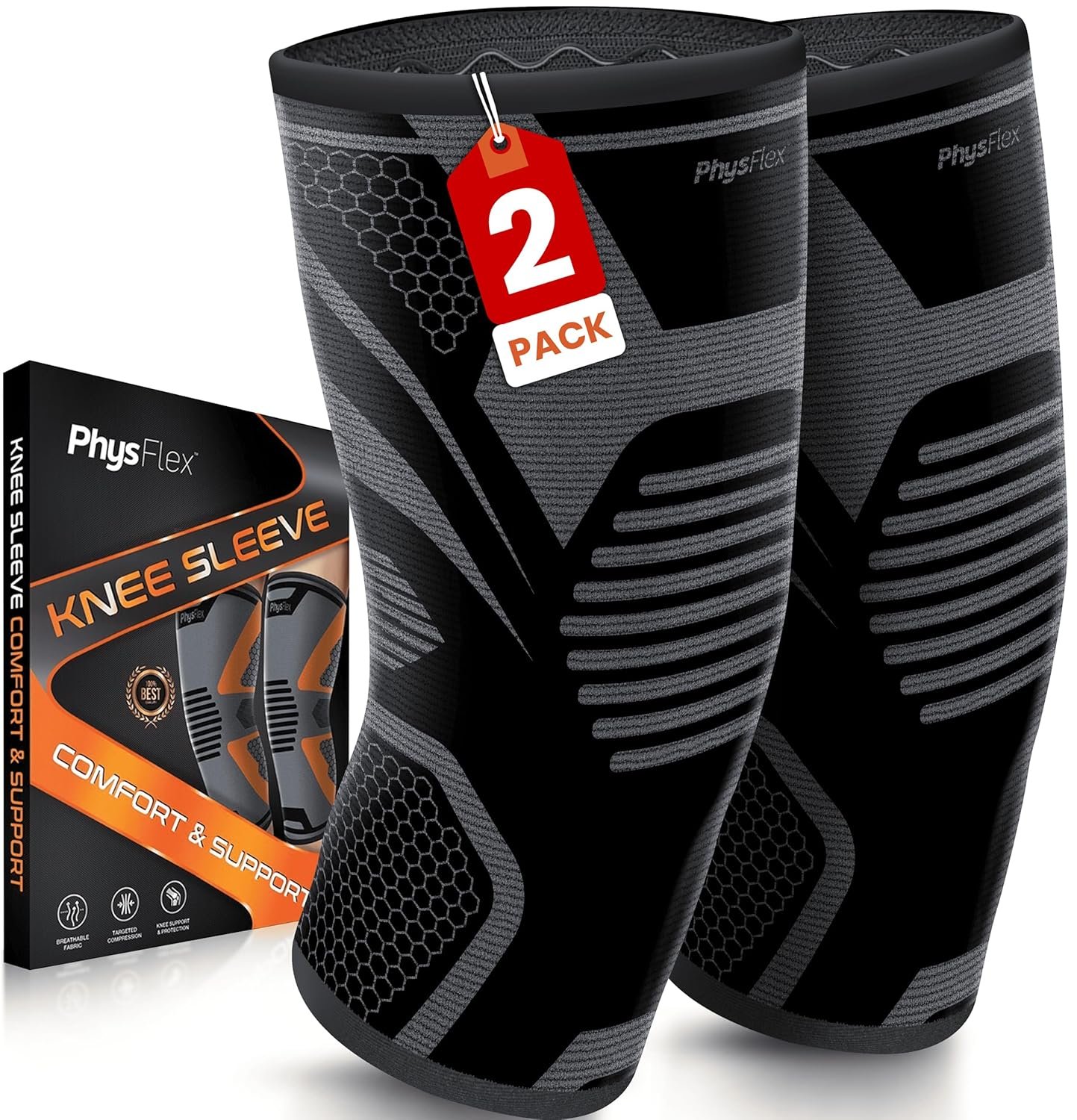 PhysFlex Knee Brace for Pain Relief – Knee Compression Sleeves for Men and Women – Support for Weightlifting, Gym, Workout, Volleyball, Arthritis (XL, Black)