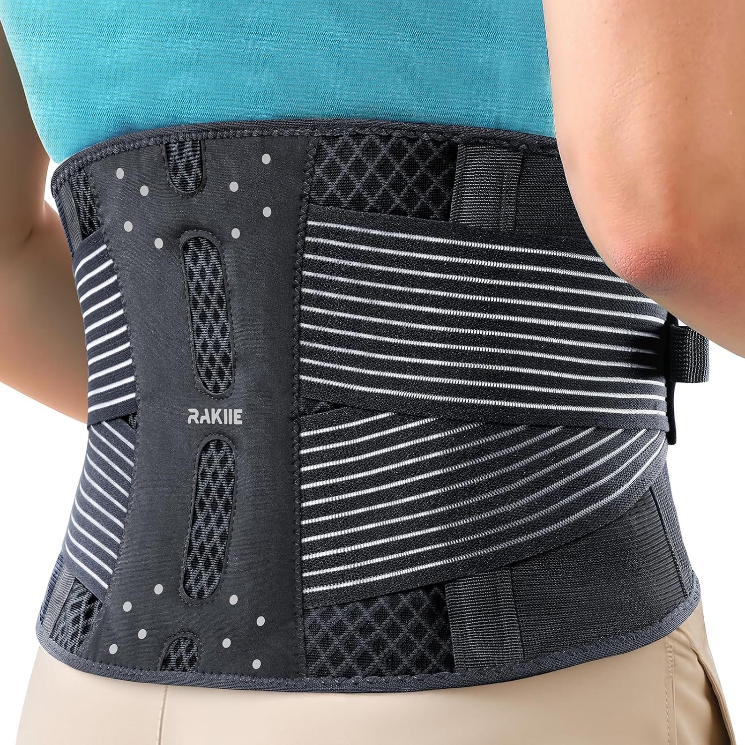 Rakiie Slim Back Brace for Lower Back Pain Relief, Lightweight & Breathable Back Support Brace for Men Women, Ergonomic Light Lumbar Support for Everyday Wear, Light Gray XL