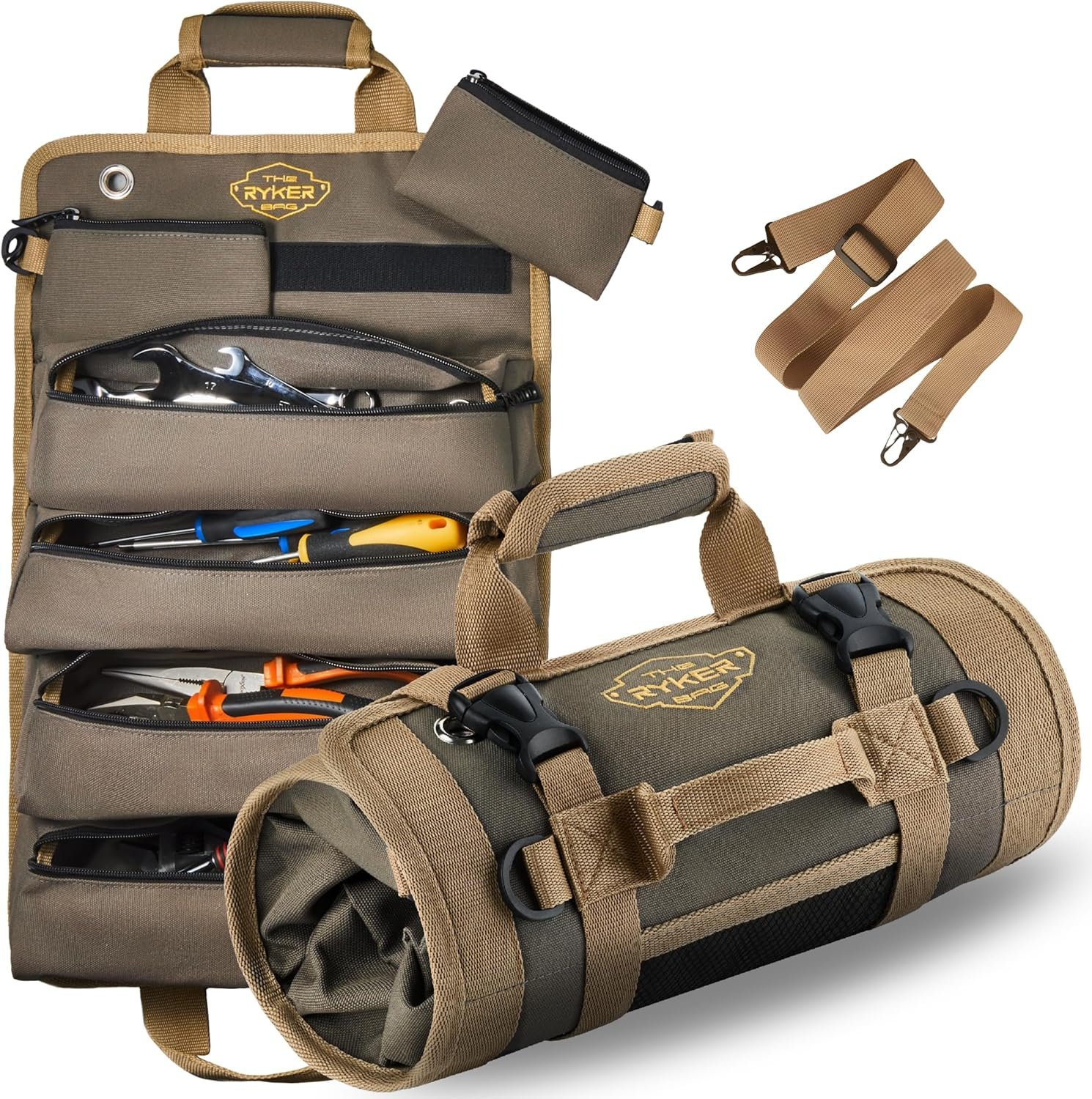 The Ryker Roll Up Tool Bag Organizer Gifts for Dad. Heavy Duty Motorcycle Tool Roll Bag Organizer. Portable Rollup Toolbag w/Detachable Pouches – Tools Bags Mens gifts for him – Mechanic & Electrician