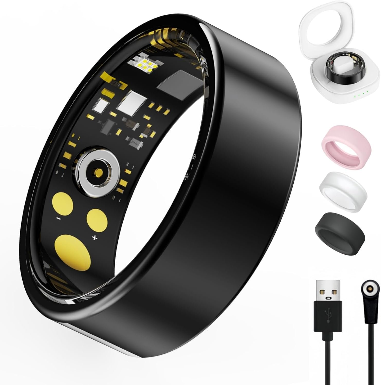 Smart Ring for Women Men, Health Tracker with Heart Rate/Blood Oxygen/Blood Pressure/Sleep Monitor/Step Counting, IP68 Waterproof Fitness Ring, No App Fees for iPhone & Android (Black, 14#)