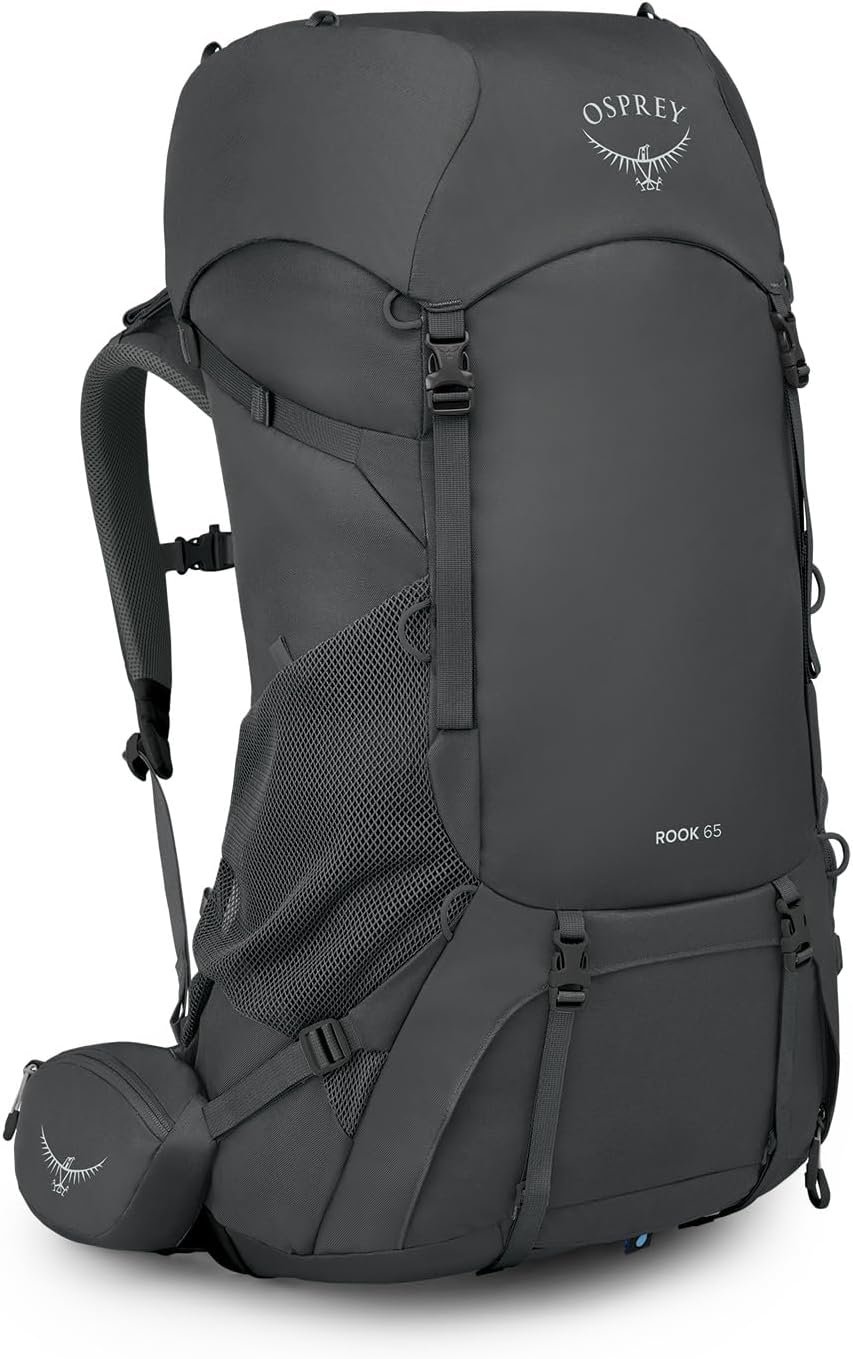 Osprey Rook 65L Men’s Backpacking Backpack, Dark Charcoal/Silver Lining