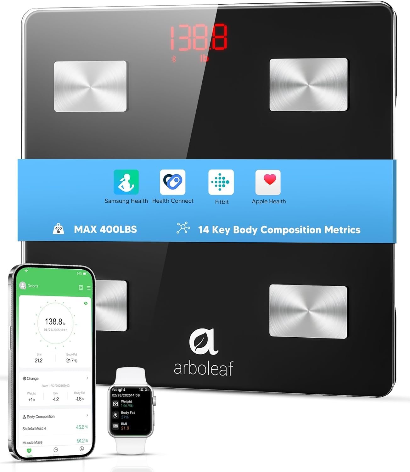 arboleaf Smart Scale for Body Weight and Fat, Bluetooth Digital Bathroom Scale, Body Composition Analyzer with App, 14 Metrics Include BMI, 400lb Capacity(Black) | Bluetooth Digital Bathroom Scale, Body Composition Analyzer with App, 14 Metrics Include BMI, 400lb Capacity(Black)